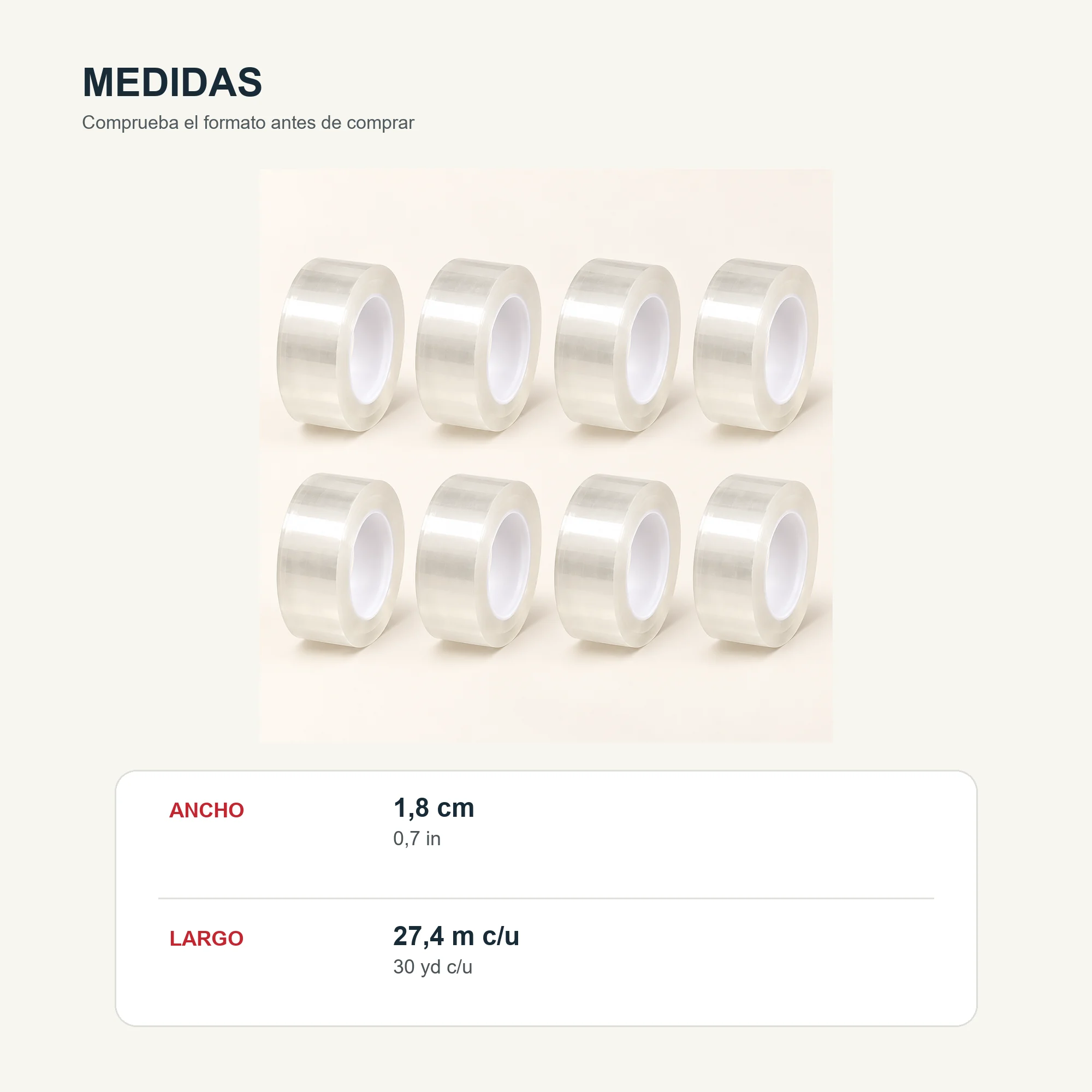 Cinta Adhesiva Transparente, 8 Rollos de 18 mm × 30 yd