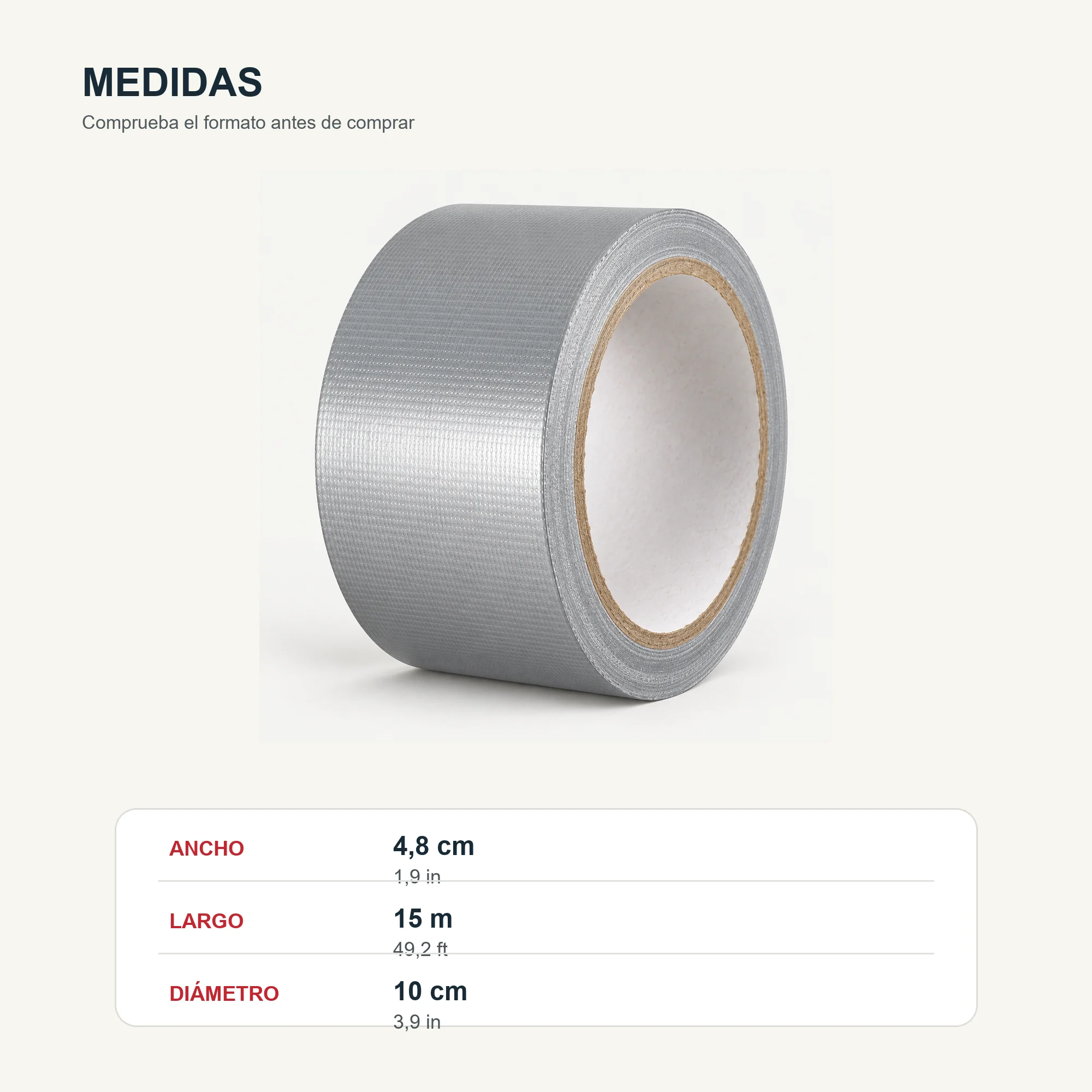 Cinta Americana de Tela Plateada, 48 mm × 15 m