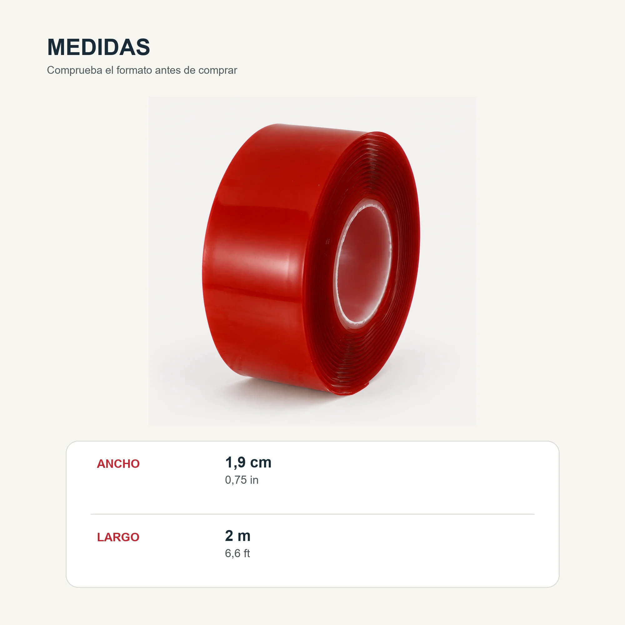 Cinta Doble Contacto de Gel Acrílico Roja, 19 mm × 2 m