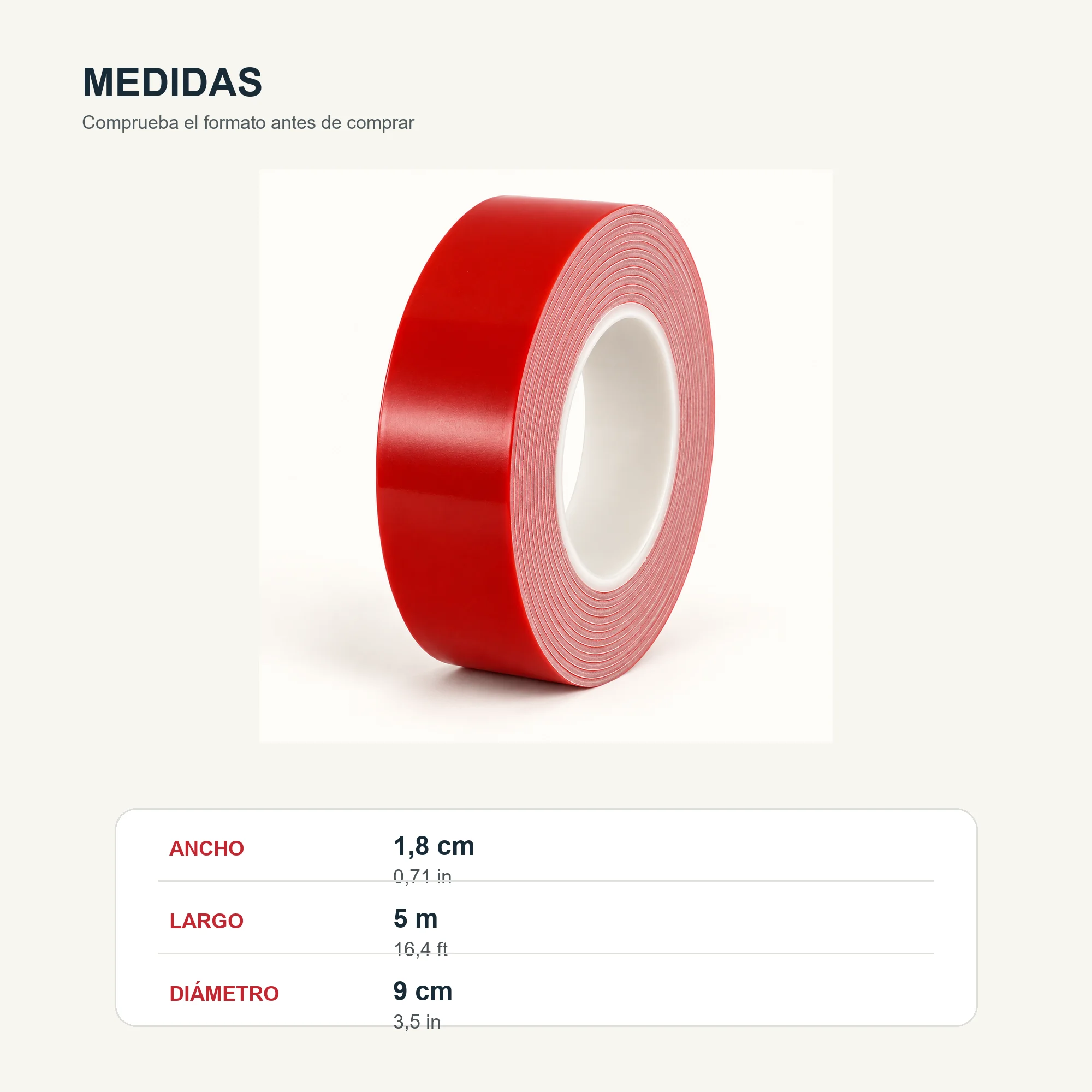 Cinta Doble Faz de Espuma Roja, 18 mm × 5 m