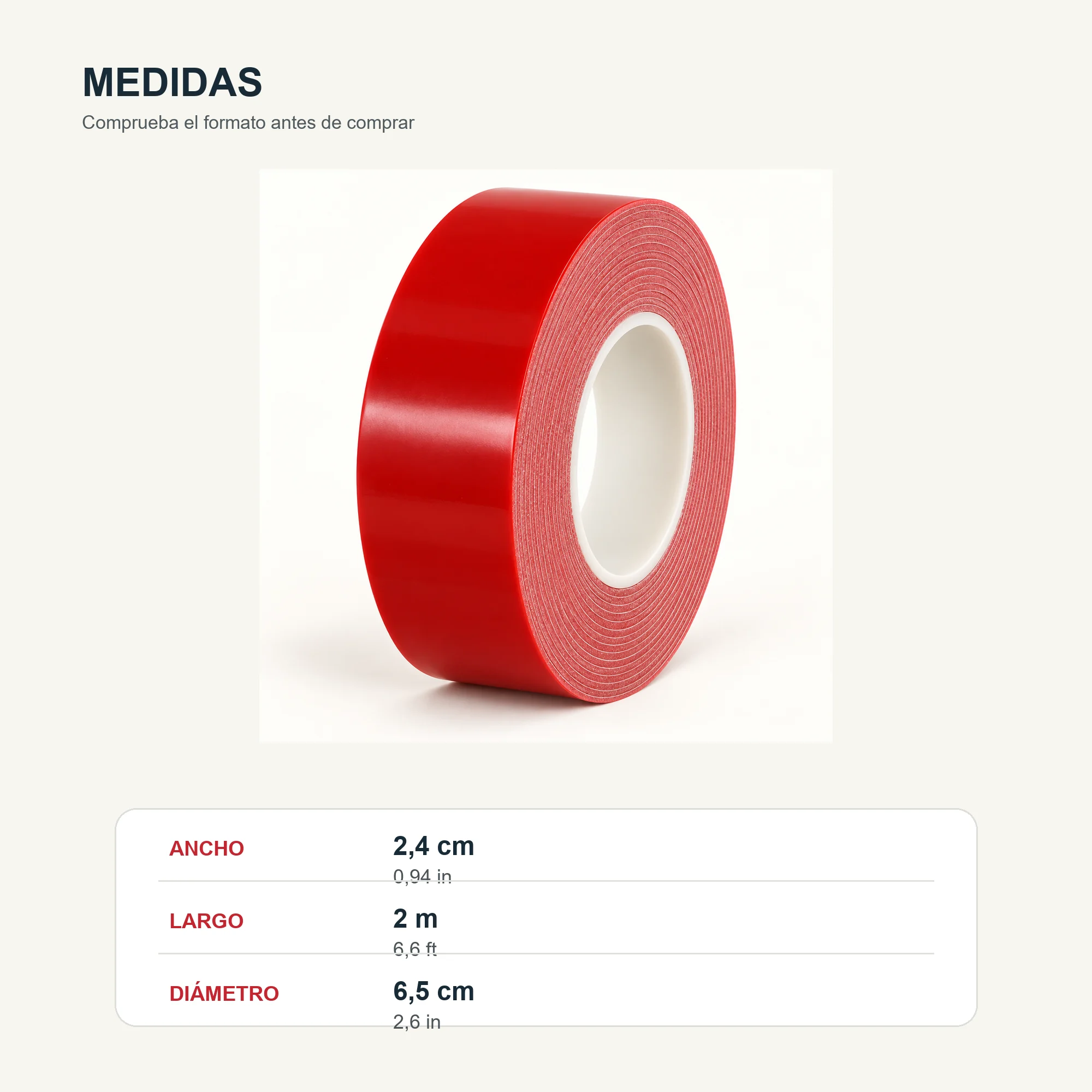 Cinta Doble Faz de Espuma Roja, 24 mm × 2 m