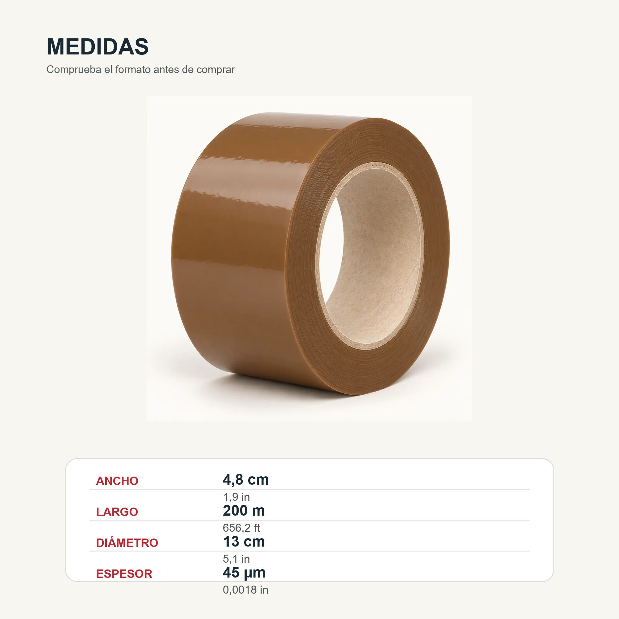 Cinta de Embalaje Marrón Jumbo, 48 mm × 200 m, 45 μm