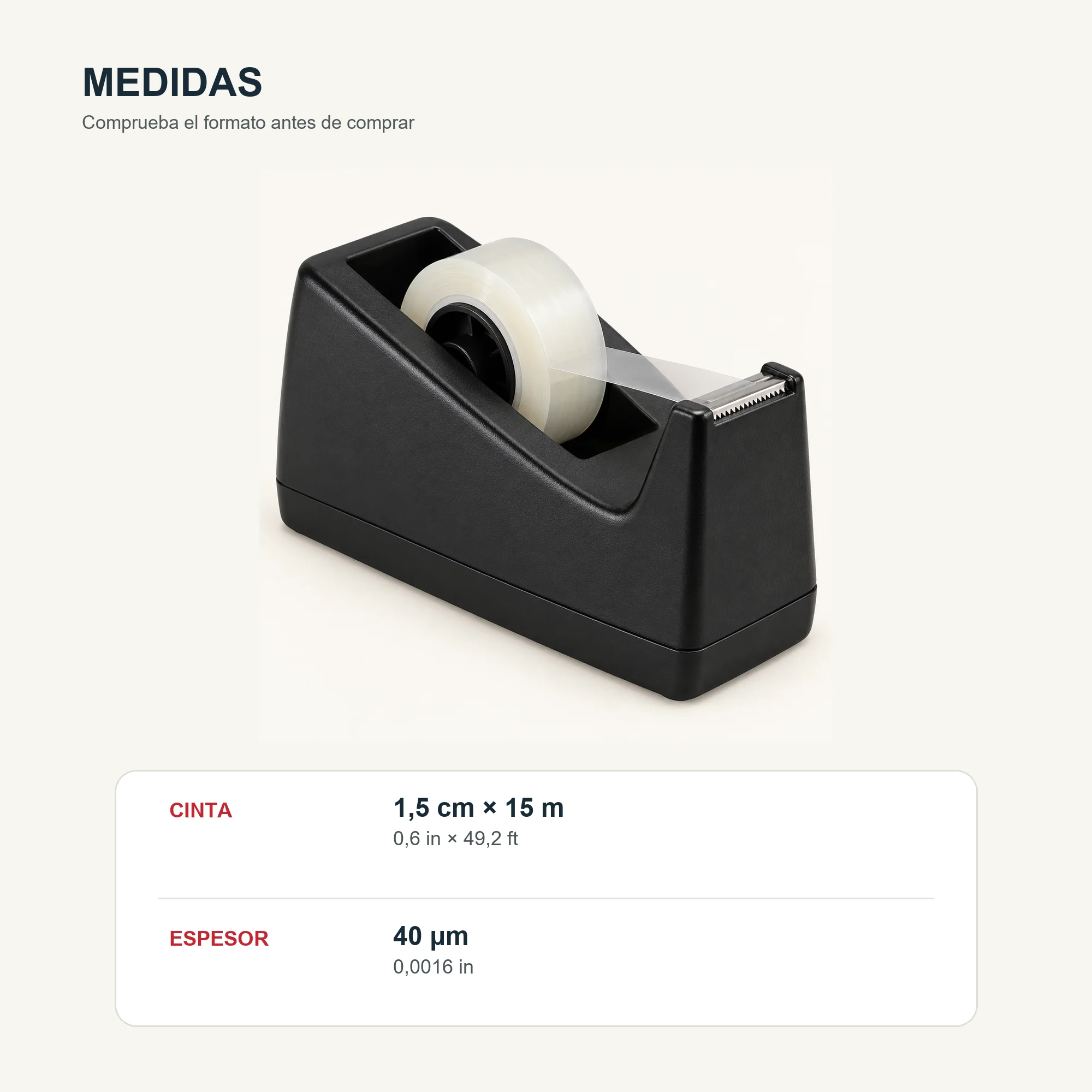 Dispensador de Cinta de Escritorio Negro con Rollo de 15 mm × 15 m