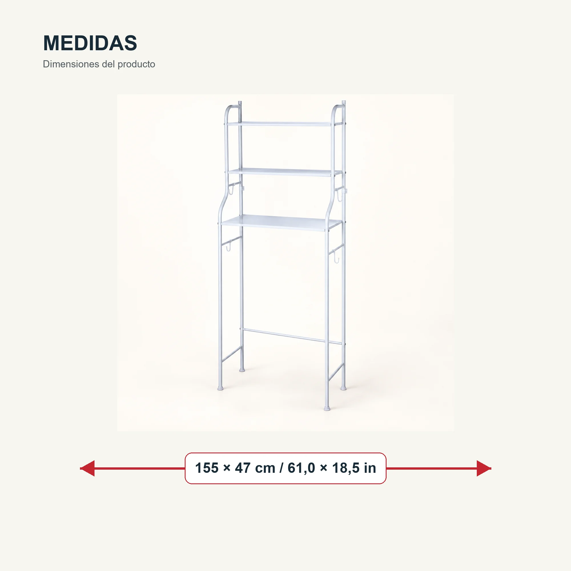 Estante Metálico sobre Inodoro de 3 Niveles, Blanco, 155 × 47 cm