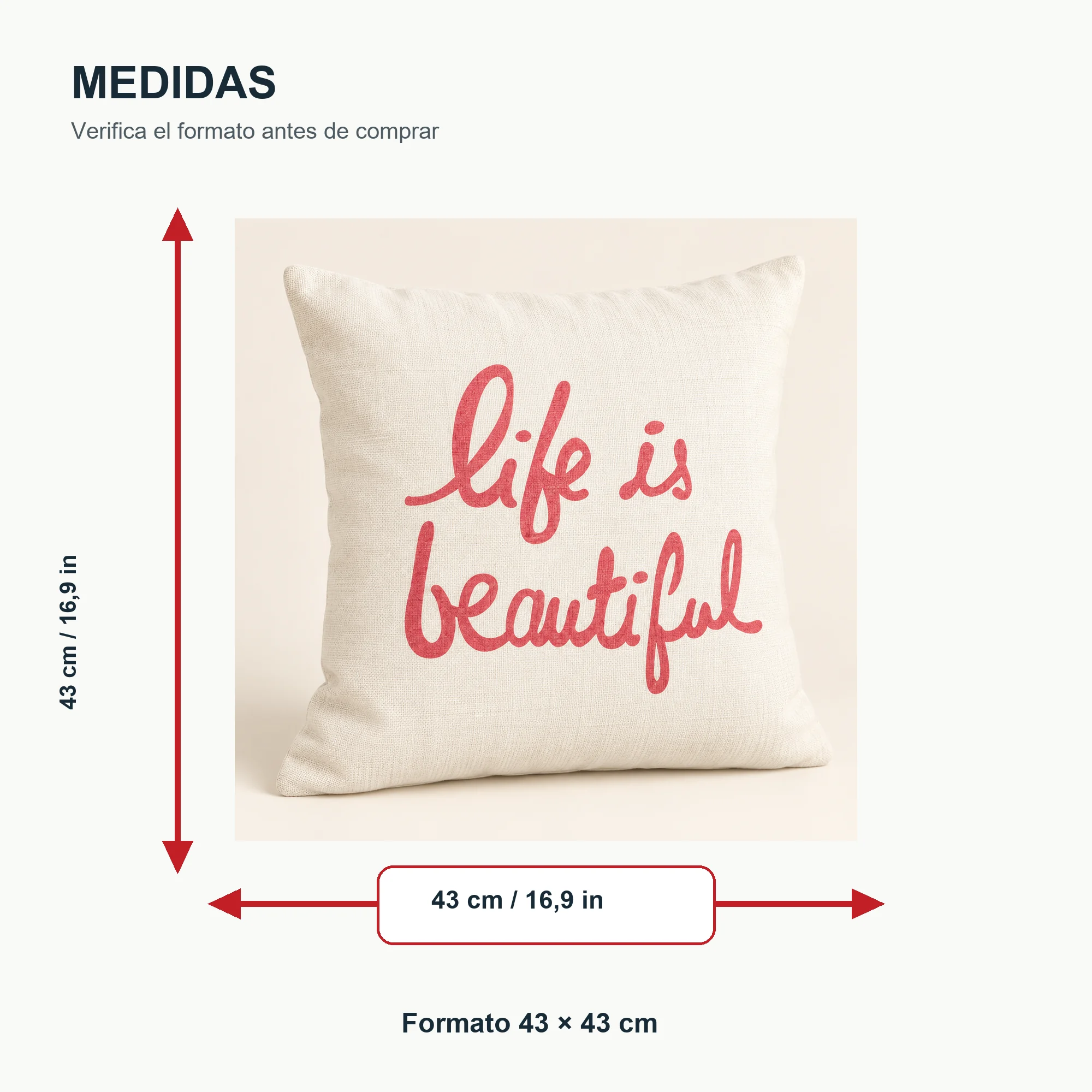 Funda Decorativa para Cojín Marfil Con Frase Life Is Beautiful, 43 × 43 cm
