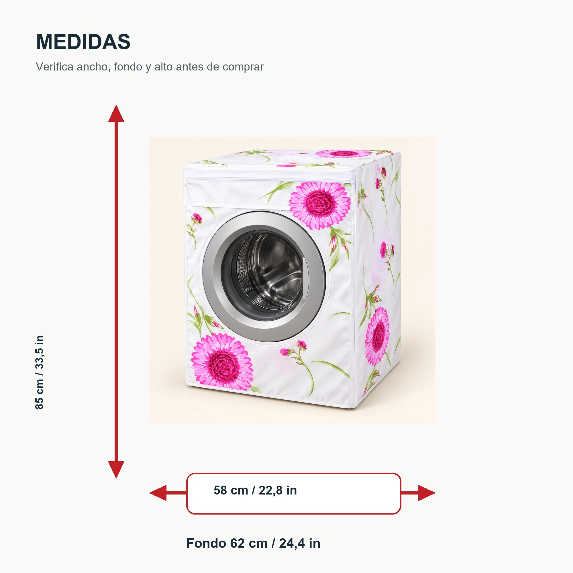 Funda Floral para Lavadora de Carga Frontal, 58 × 62 × 85 cm