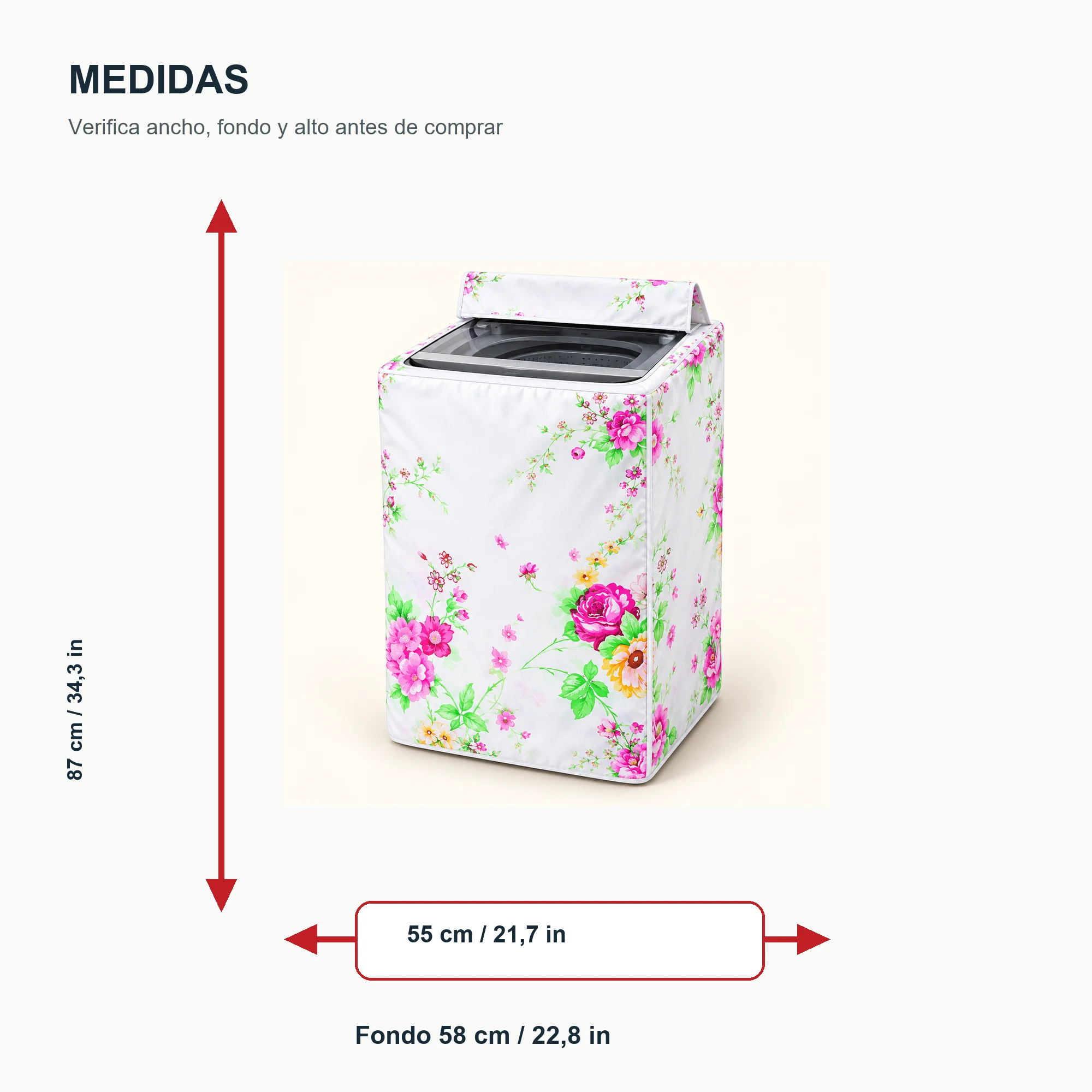 Funda Floral para Lavadora de Carga Superior, 55 × 58 × 87 cm