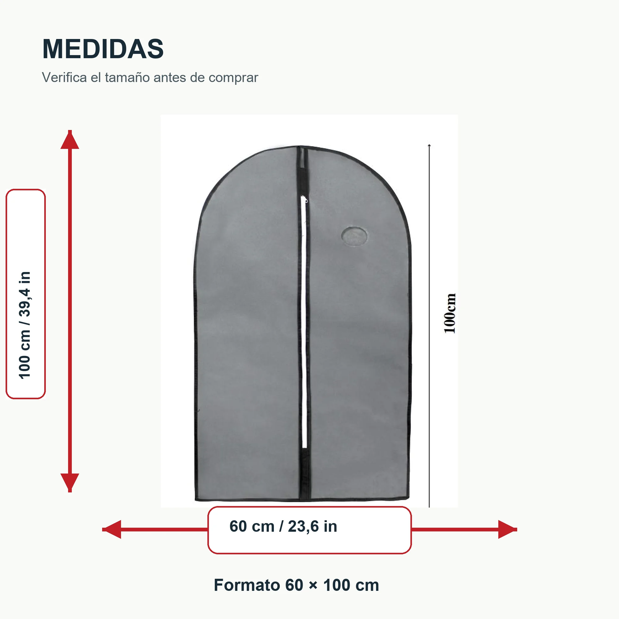 Funda de Traje Gris de Tela No Tejida con Cierre, 60 × 100 cm, 1 Unidad