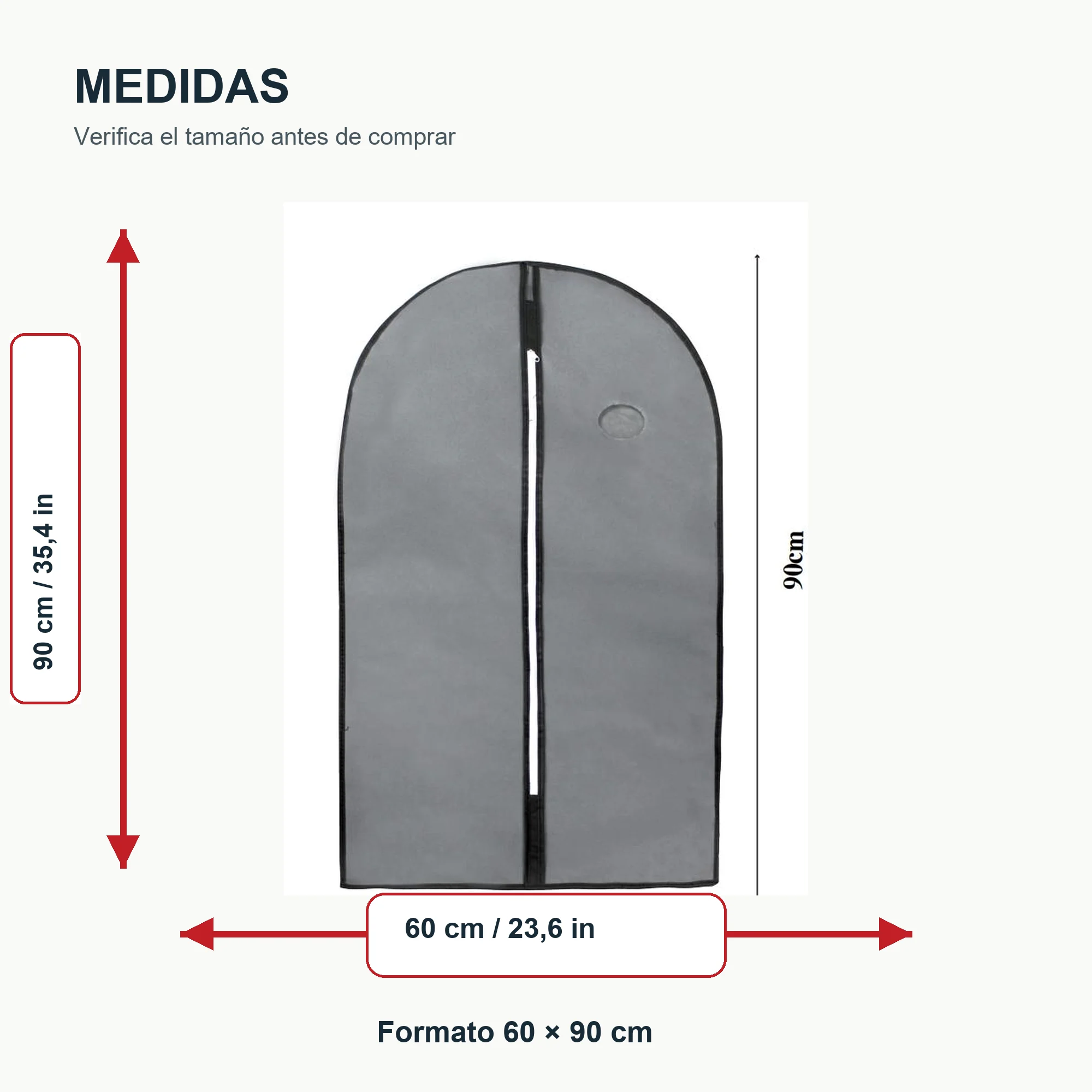 Funda de Traje Gris de Tela No Tejida con Cierre, 60 × 90 cm, 1 Unidad