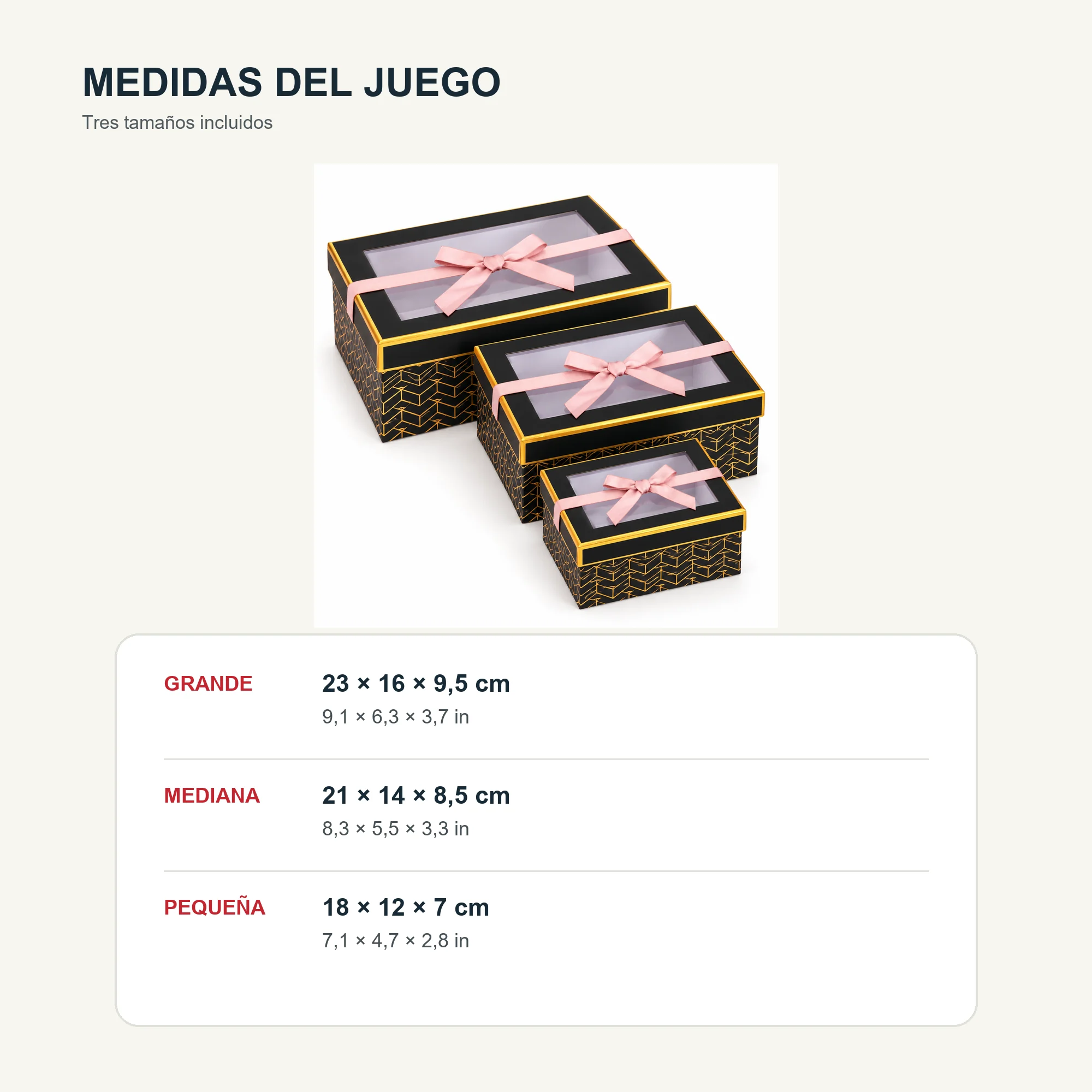 Juego de 3 Cajas de Regalo Juego De Cajas Negras Con Ventana Y Lazo Rosado, Tres Tamaños