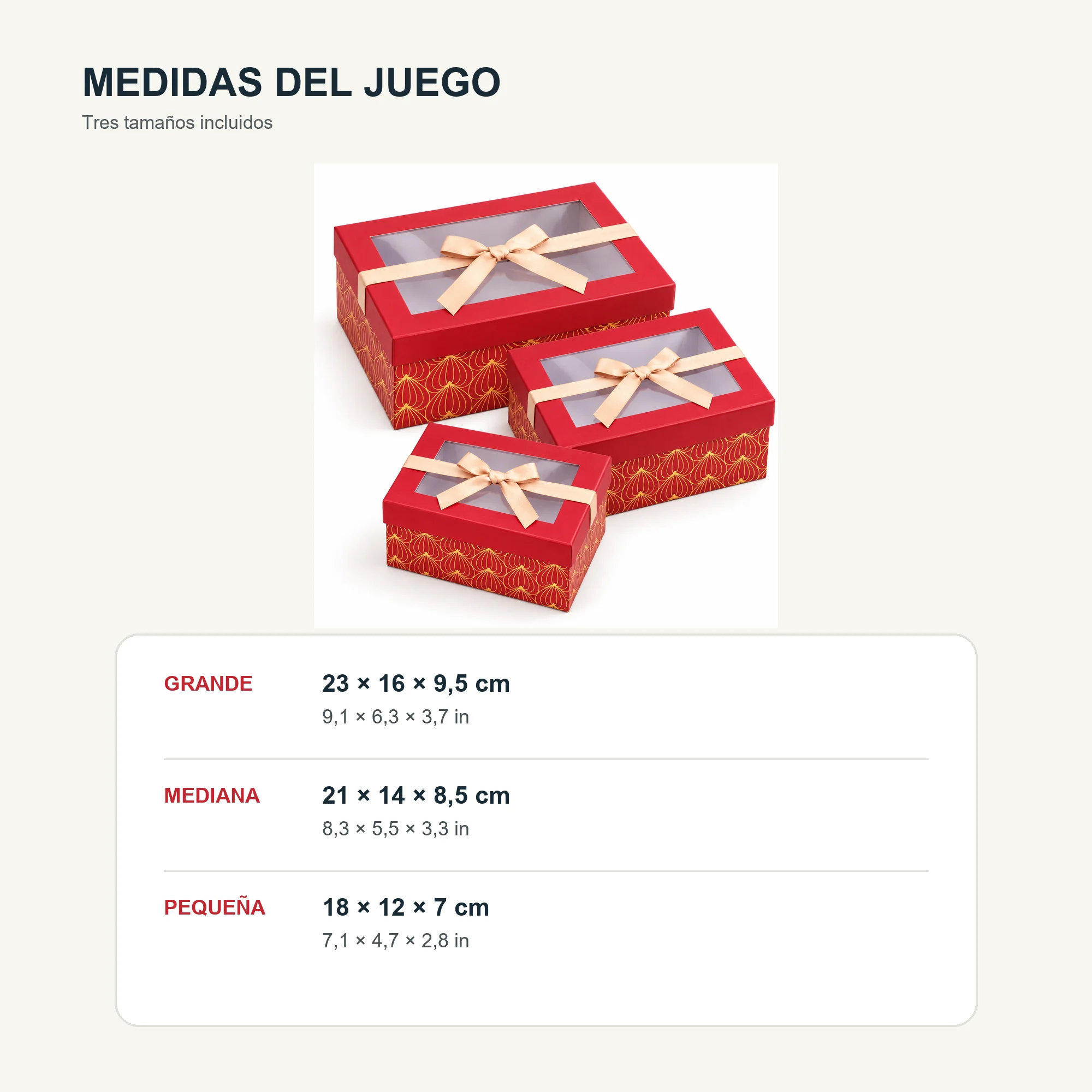 Juego de 3 Cajas de Regalo Juego De Cajas Rojas Con Ventana Y Lazo Champaña, Tres Tamaños