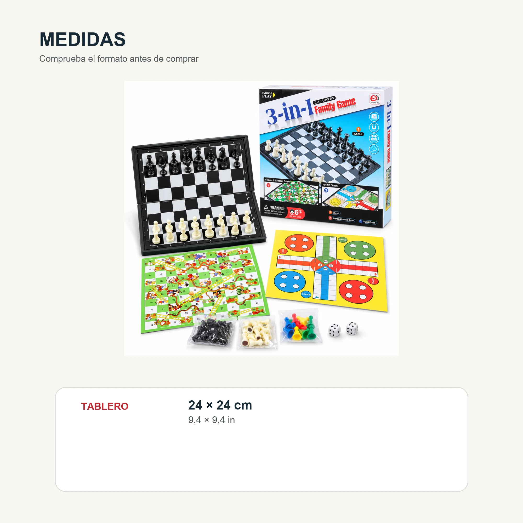 Juego de Mesa 3 en 1 con Tablero Plegable, 24 × 24 cm