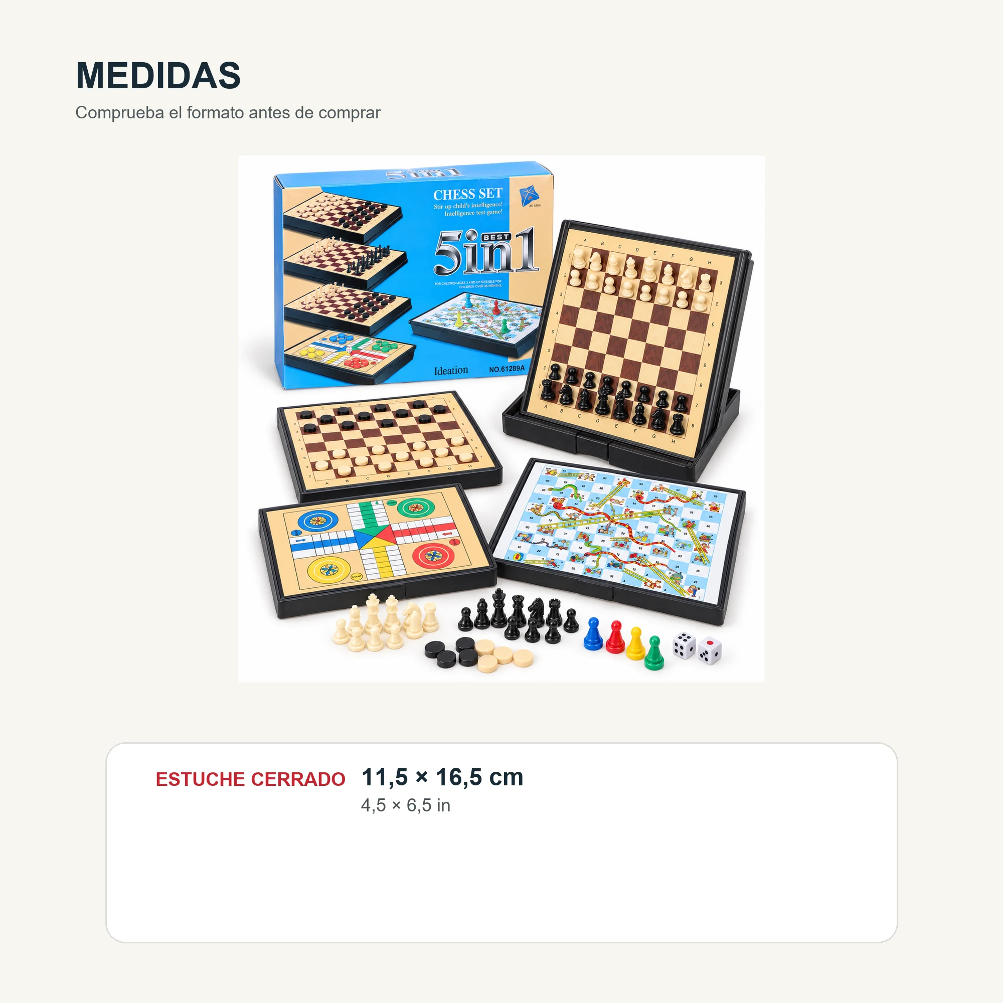Juego de Mesa 5 en 1 Compacto con Estuche, 11,5 × 16,5 cm