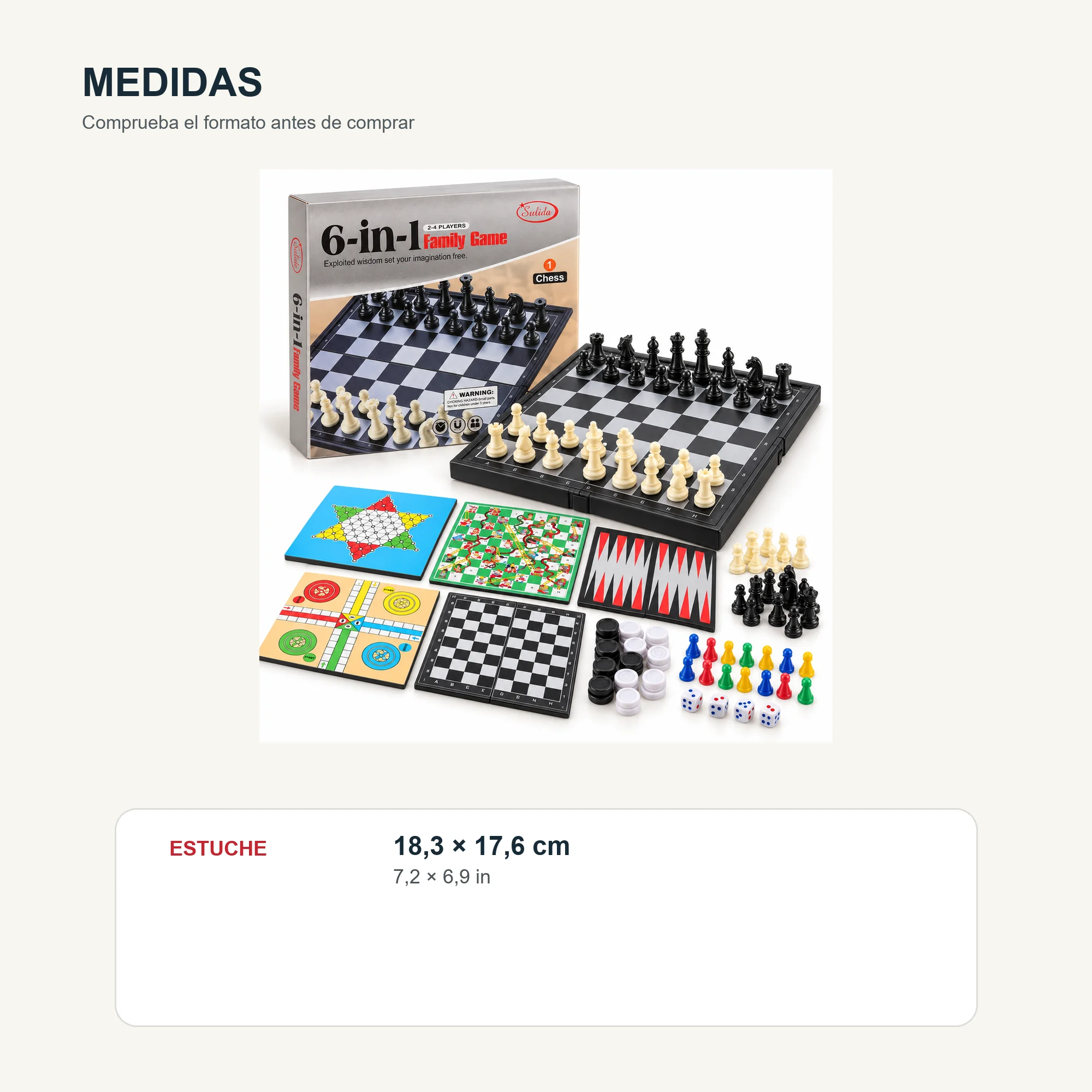 Juego de Mesa Sulida 6 en 1 para 2–4 Jugadores, 18,3 × 17,6 cm