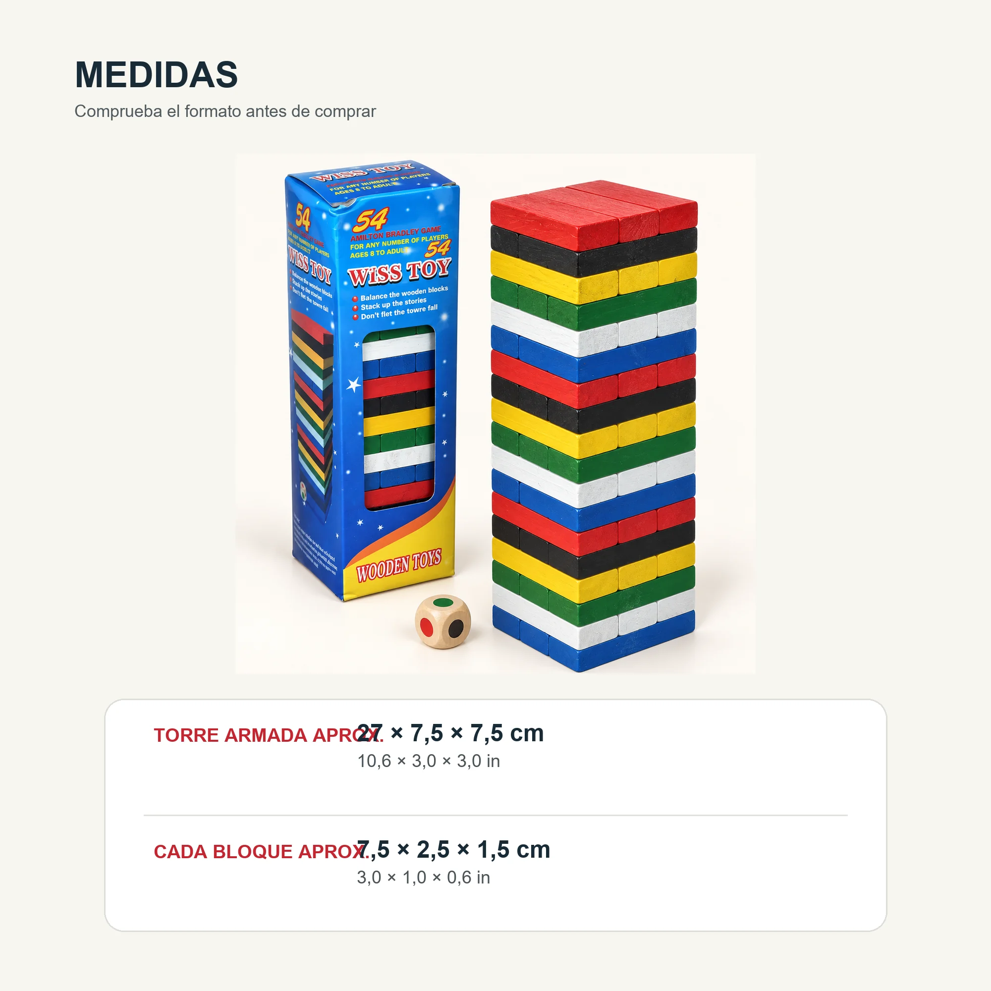 Juego de Torre de Madera de Colores, 54 Bloques, Tamaño Mediano
