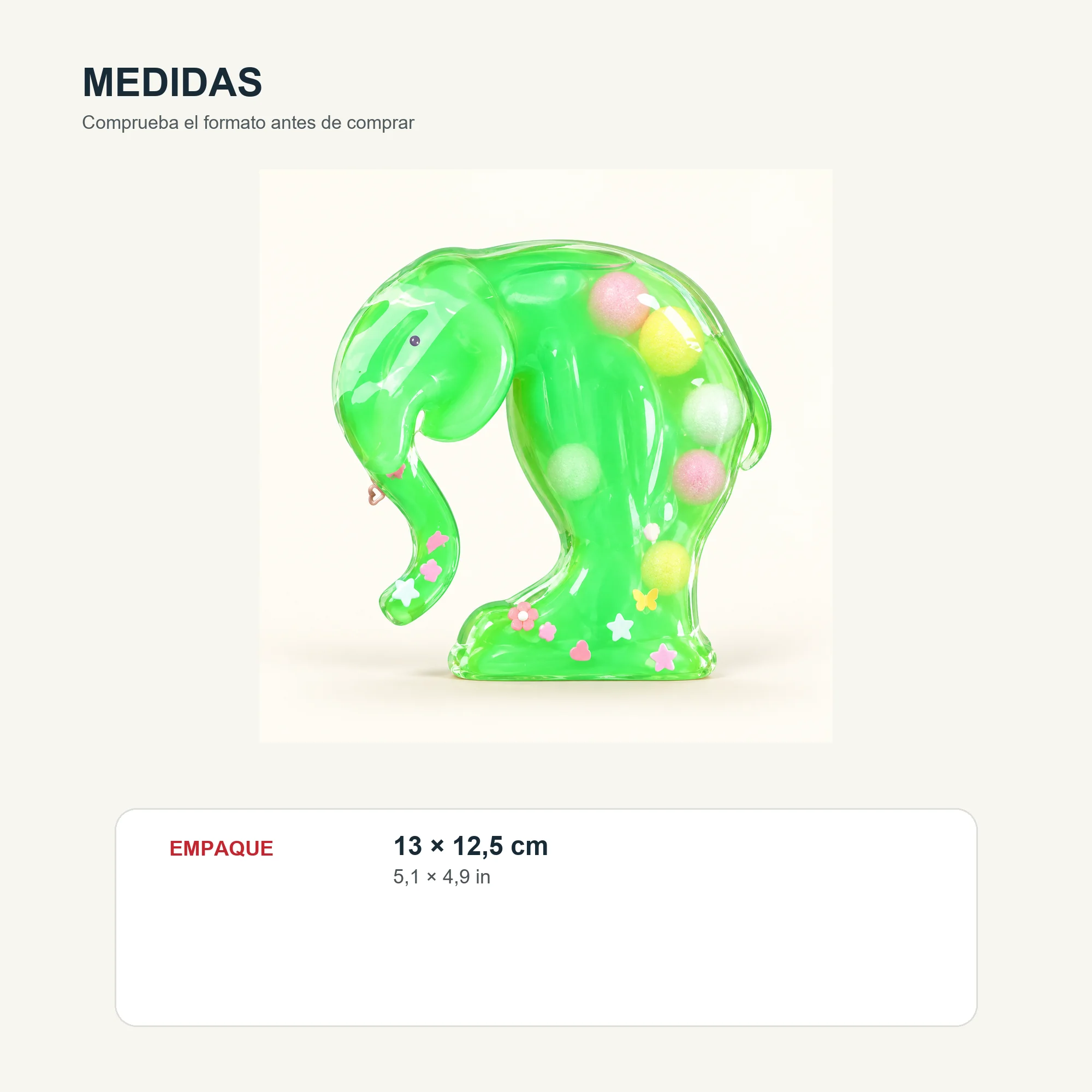 Juguete Antiestrés Elefante Verde, Empaque 13 × 12,5 cm
