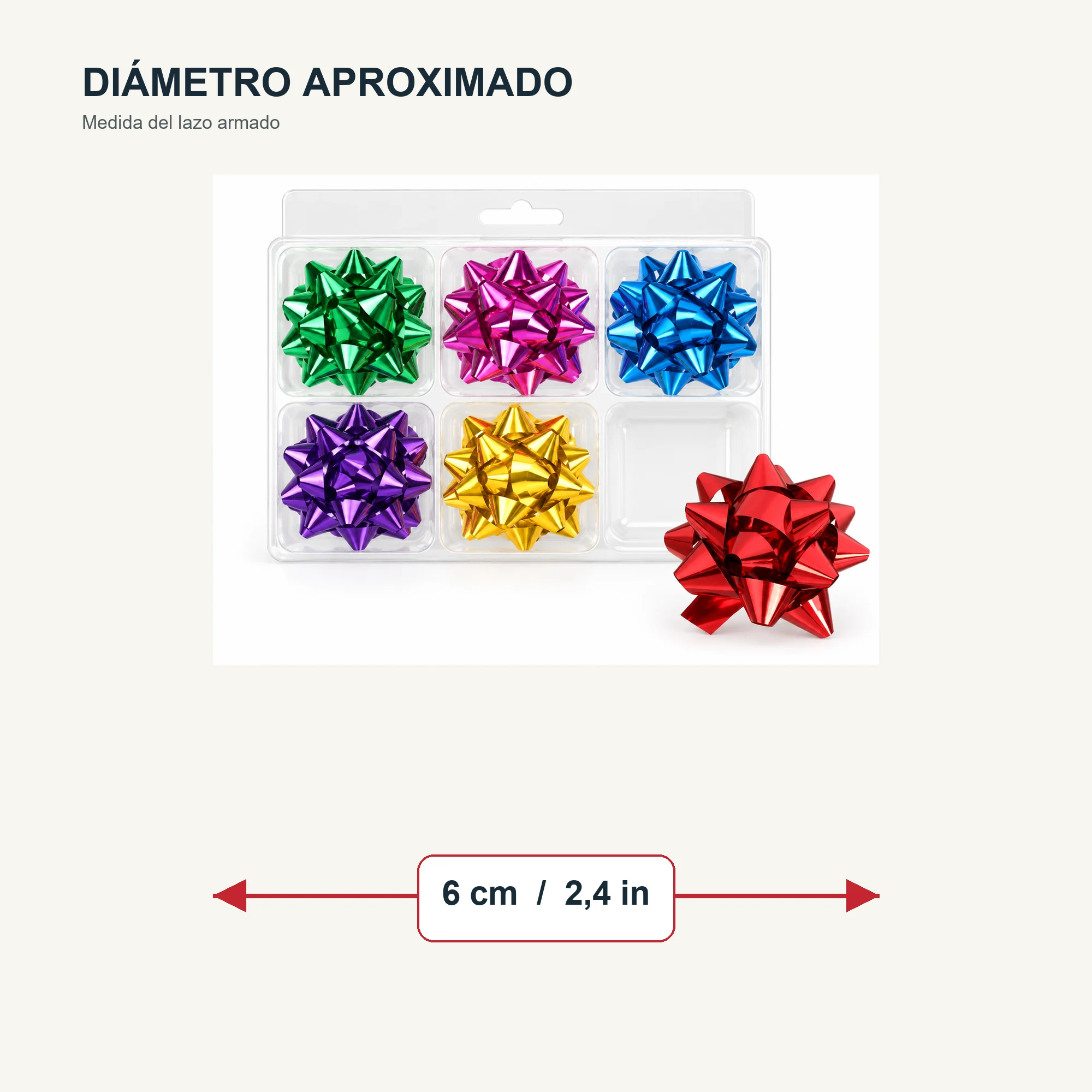 Lazos Estrella Metálicos Adhesivos, 6 cm (2,4 in) de diámetro aprox., 6 Unidades, Colores Surtidos