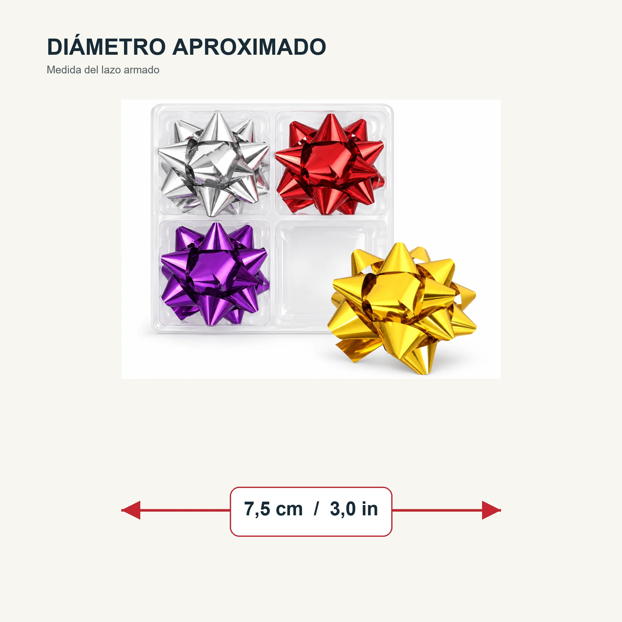 Lazos Estrella Metálicos Adhesivos, 7,5 cm (3,0 in) de diámetro aprox., 4 Unidades, Colores Surtidos