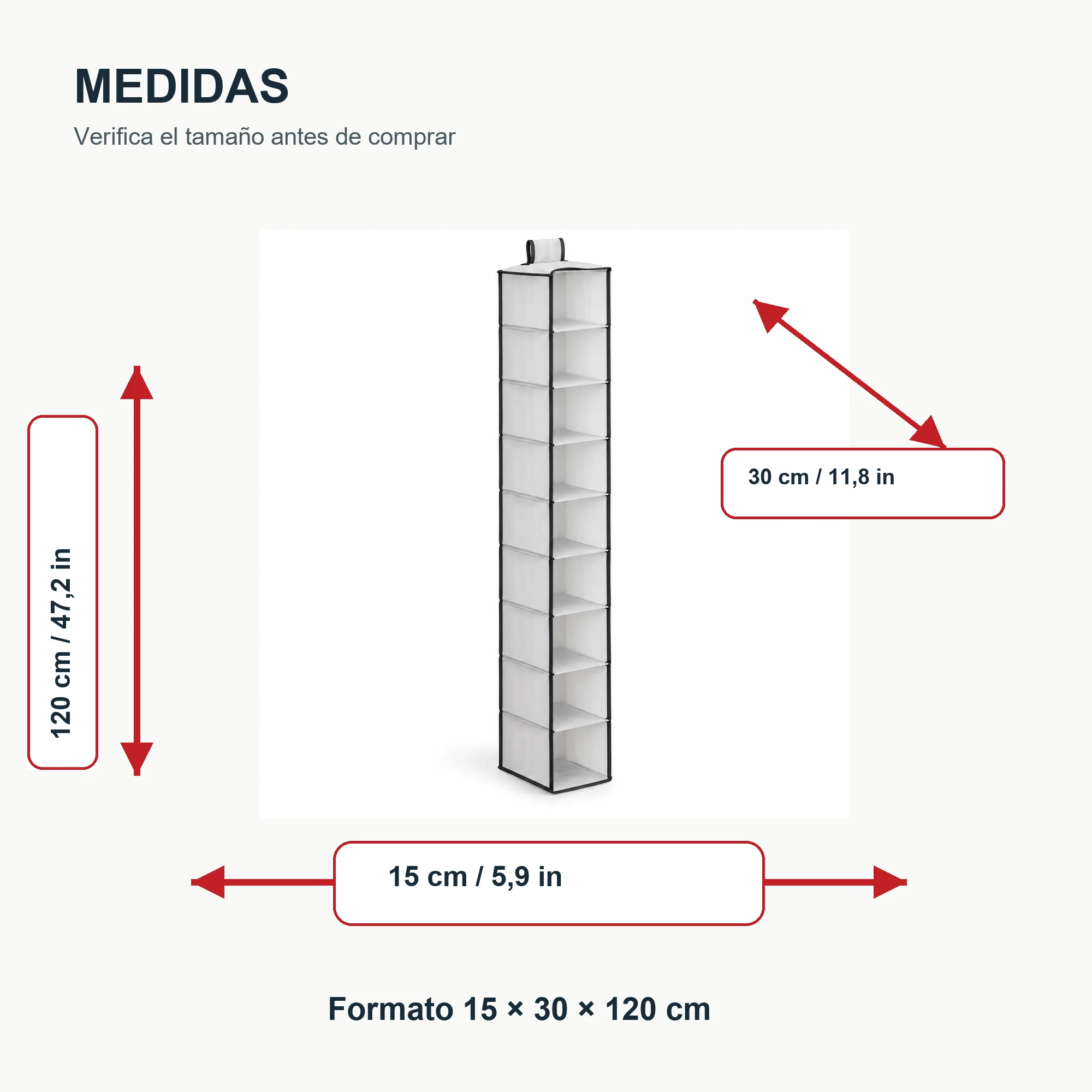 Organizador Colgante Estrecho de Clóset de 10 Niveles de PEVA y PP, 15 × 30 × 120 cm, 1 Unidad