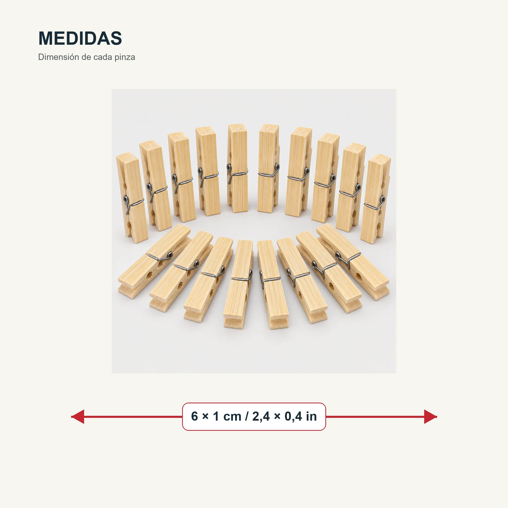 Set de 20 Pinzas para Ropa, Bambú Y Metal, 6 cm
