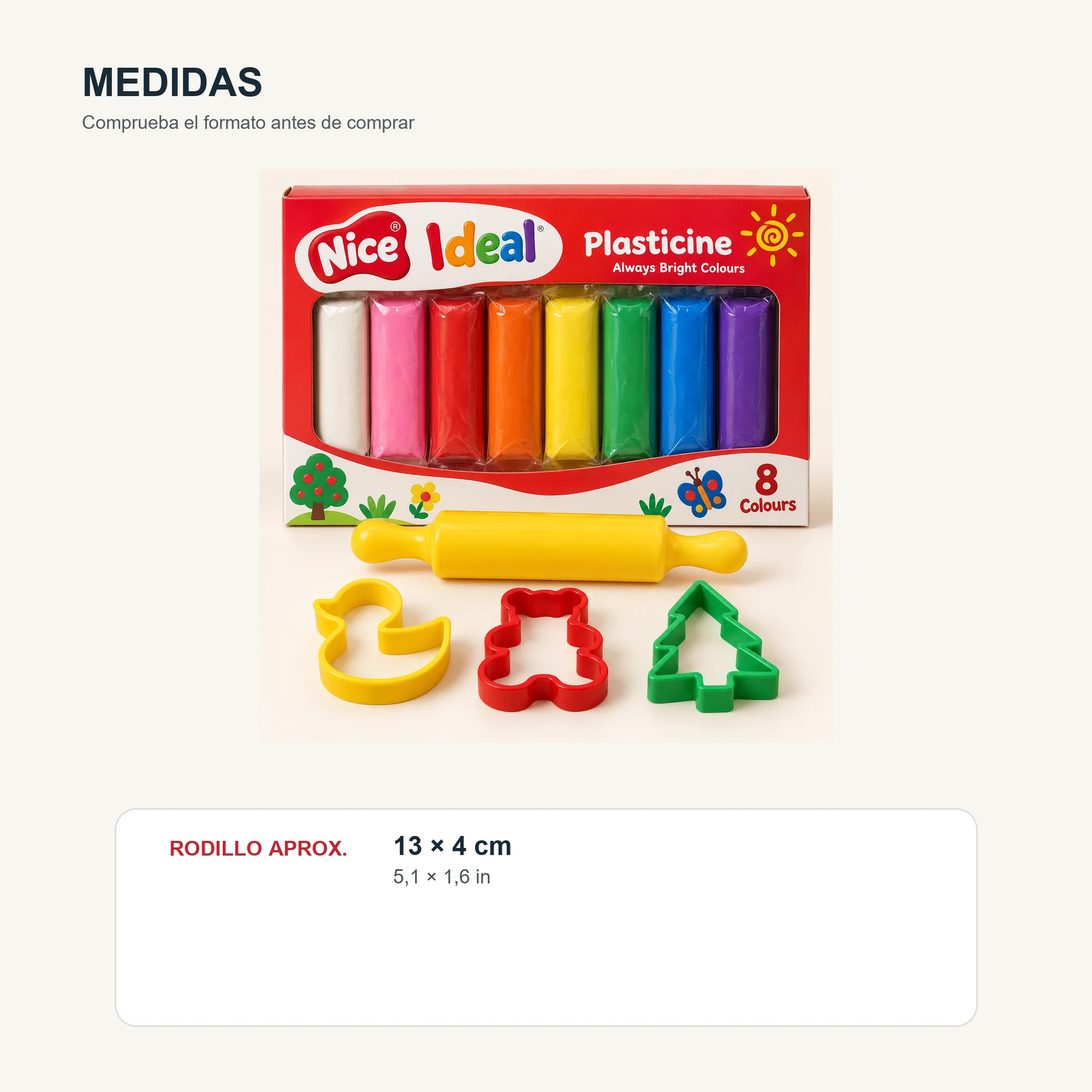 Plasticina de 8 Colores con Rodillo y 3 Cortadores, 100 g