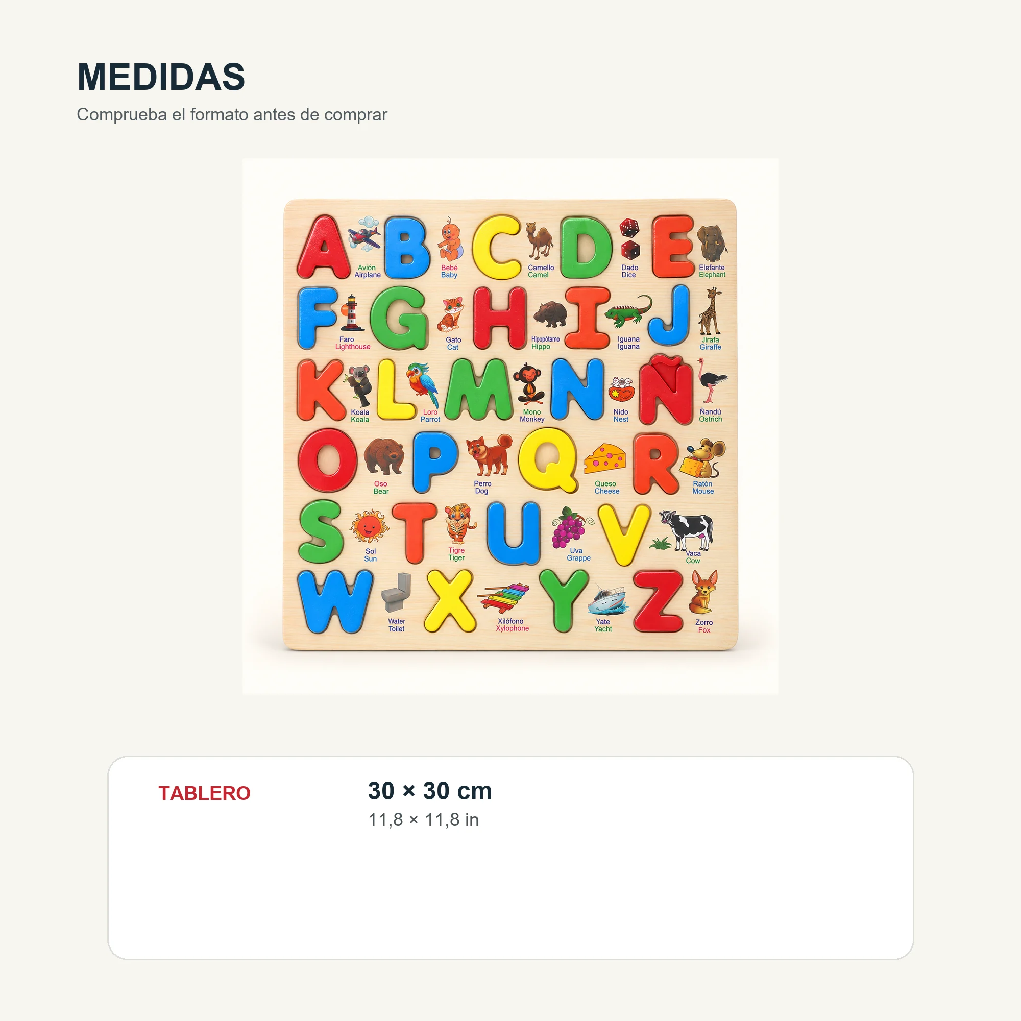 Puzzle de Madera con Alfabeto Bilingüe Español-Inglés, 30 × 30 cm