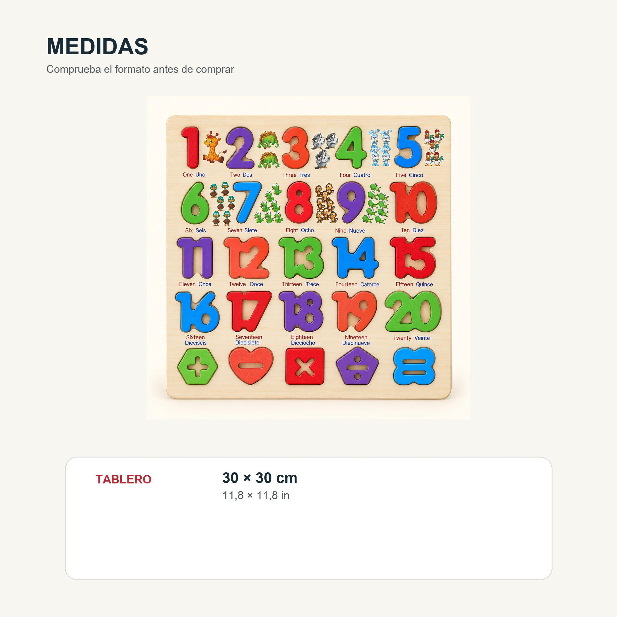 Puzzle de Madera con Números Bilingües del 1 al 20, 30 × 30 cm