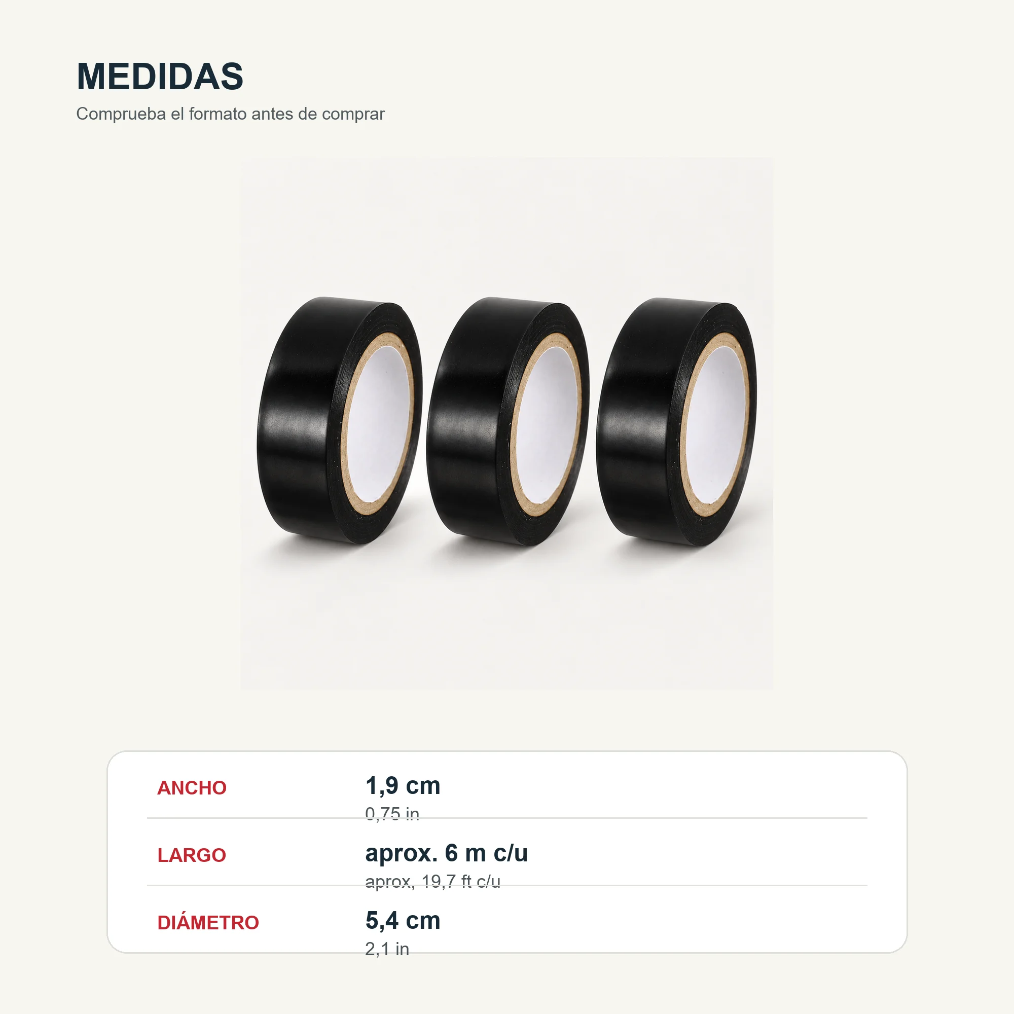 Set de 3 Cintas Aisladoras PVC Negras, 19 mm × Aprox. 6 m