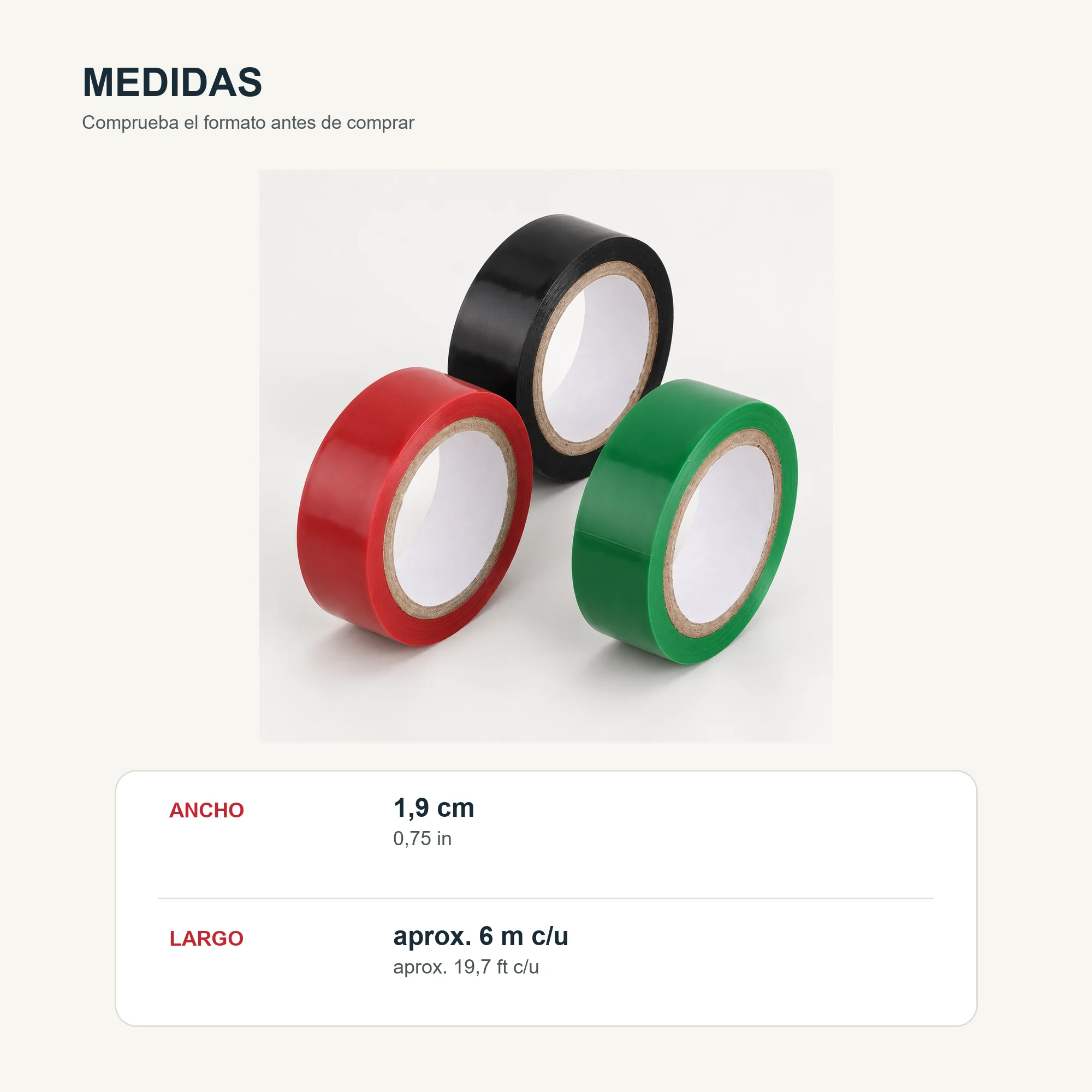 Set de 3 Cintas Aisladoras de PVC, 19 mm × Aprox. 6 m