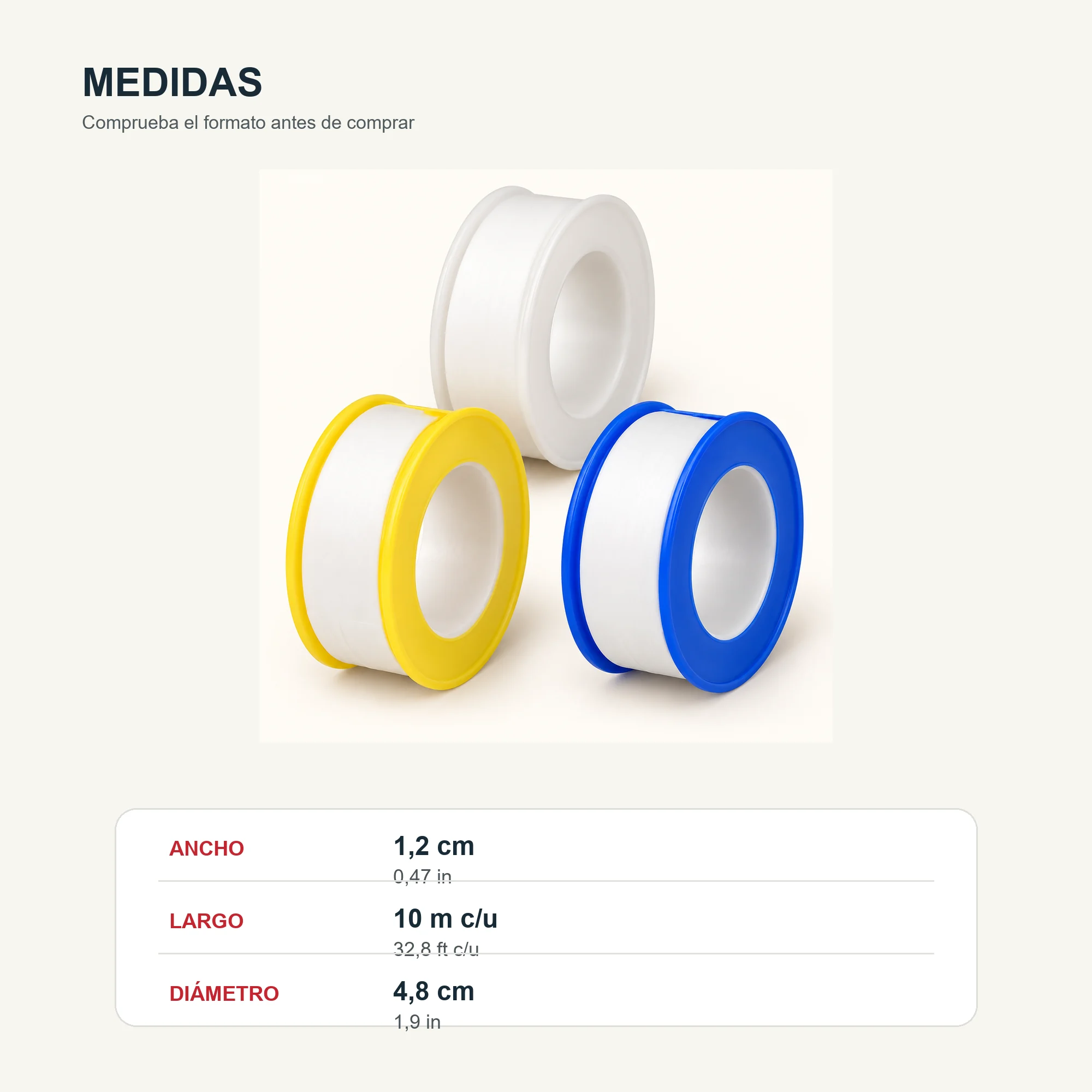 Set de 3 Cintas Selladoras de PTFE, 12 mm × 10 m