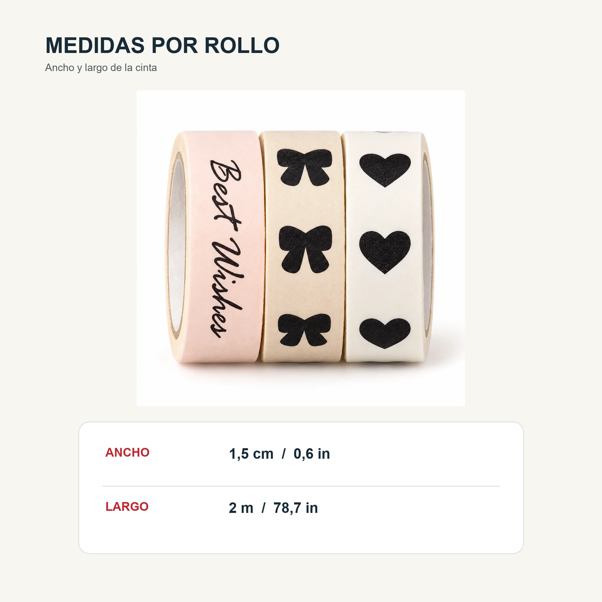 Set de 3 Cintas Washi Con Best Wishes, Corazones Y Lazos, 1,5 cm × 2 m por Rollo
