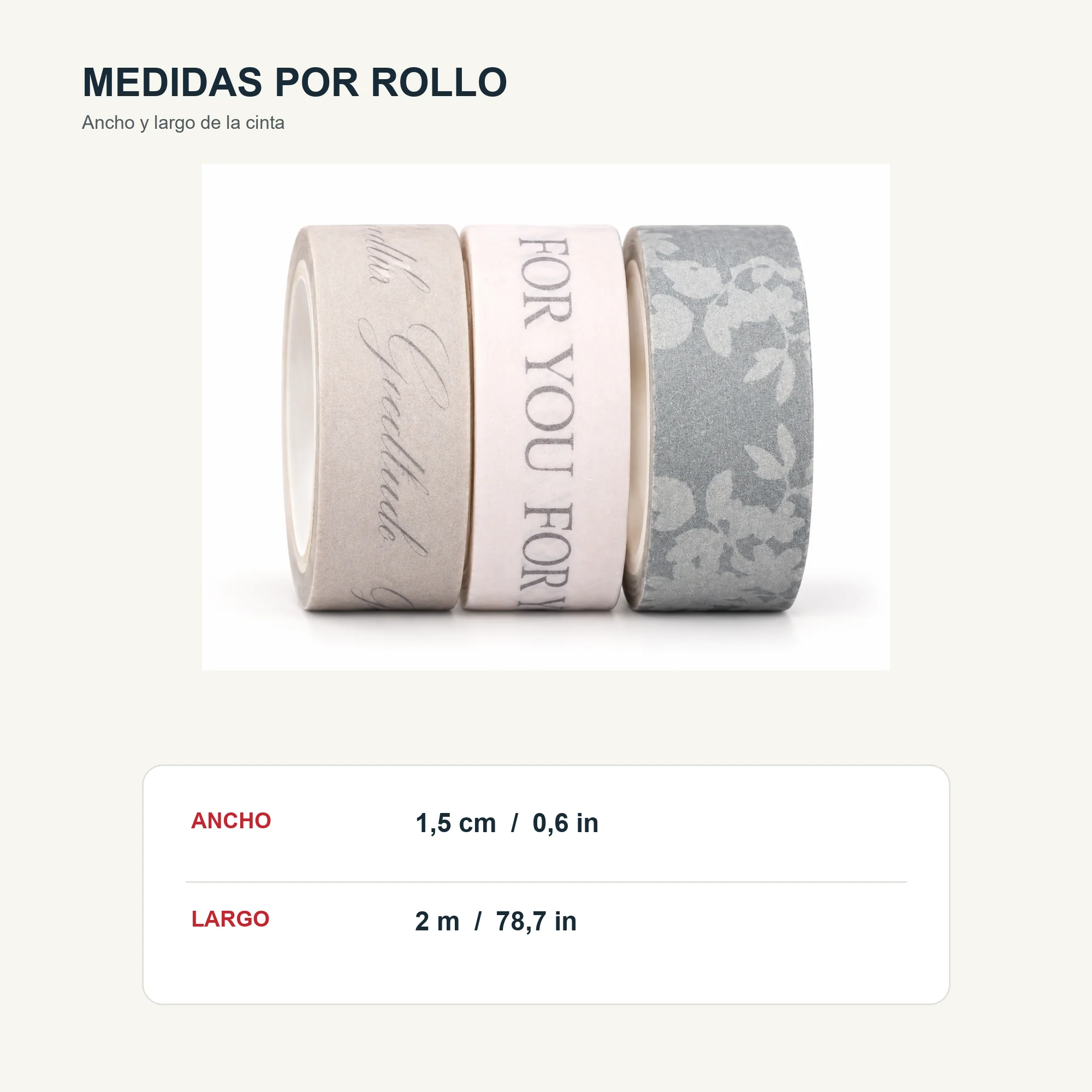 Set de 3 Cintas Washi Grises Con Mensaje For You, 1,5 cm × 2 m por Rollo