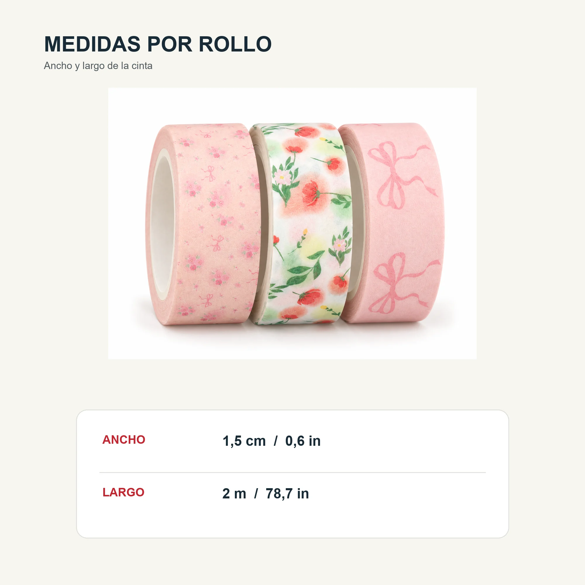 Set de 3 Cintas Washi Rosadas Florales, 1,5 cm × 2 m por Rollo