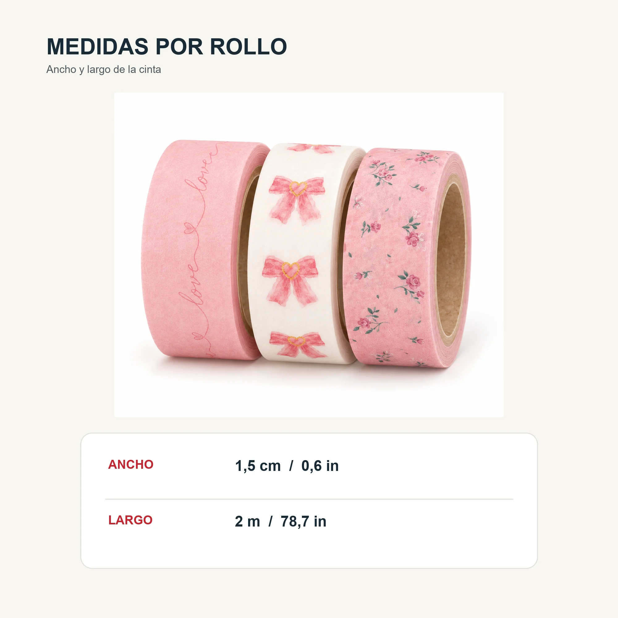 Set de 3 Cintas Washi Rosadas Con Lazos Y Flores, 1,5 cm × 2 m por Rollo