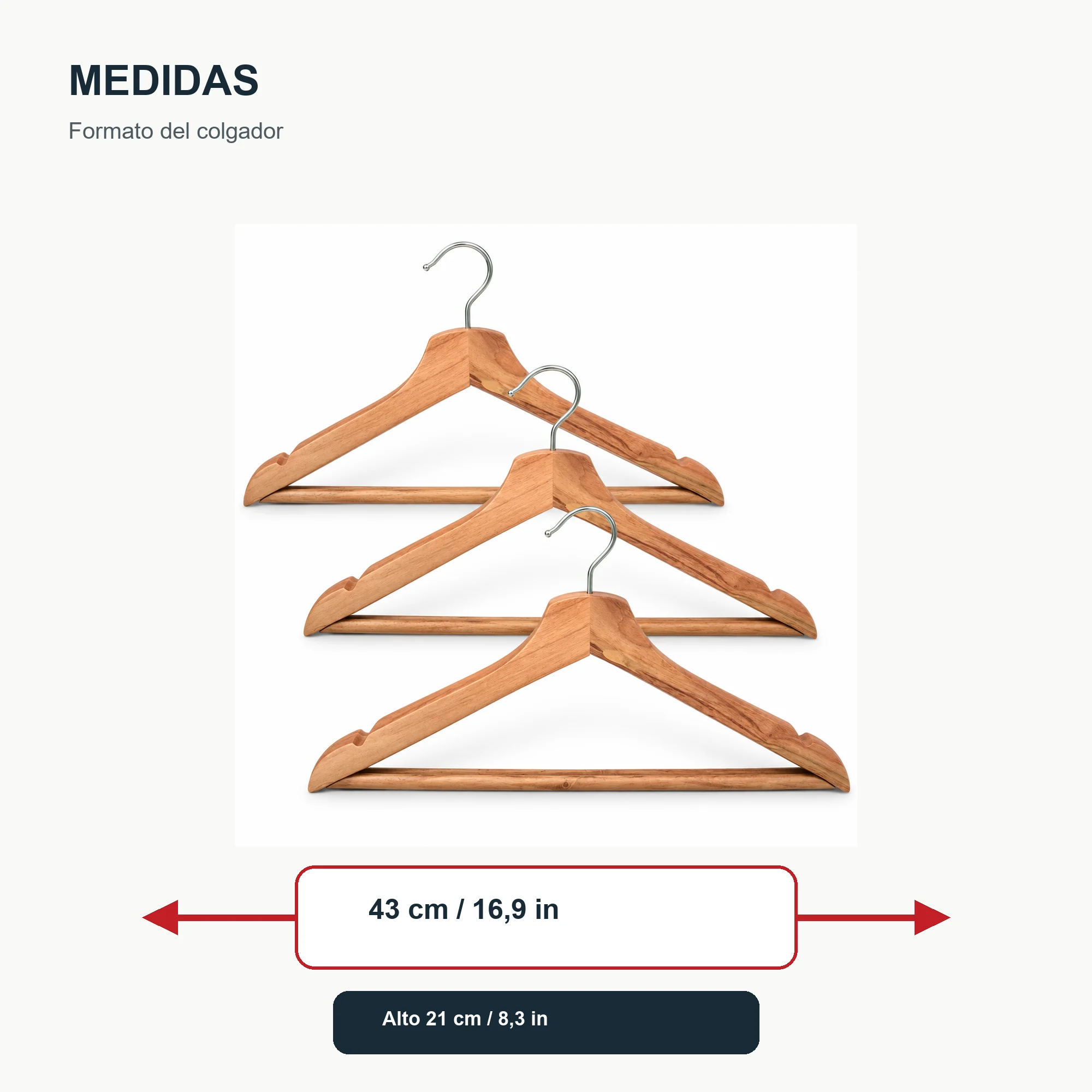 Set de 3 Colgadores de Madera con Barra para Pantalones, 43 cm