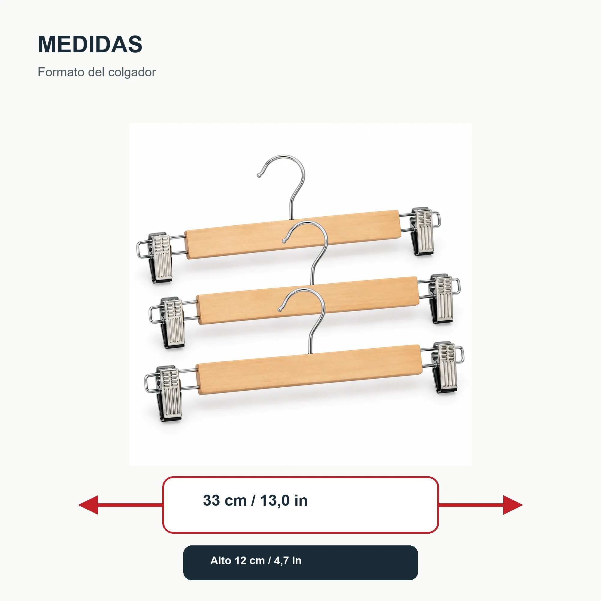 Set de 3 Colgadores con Pinzas de Madera, 33 cm