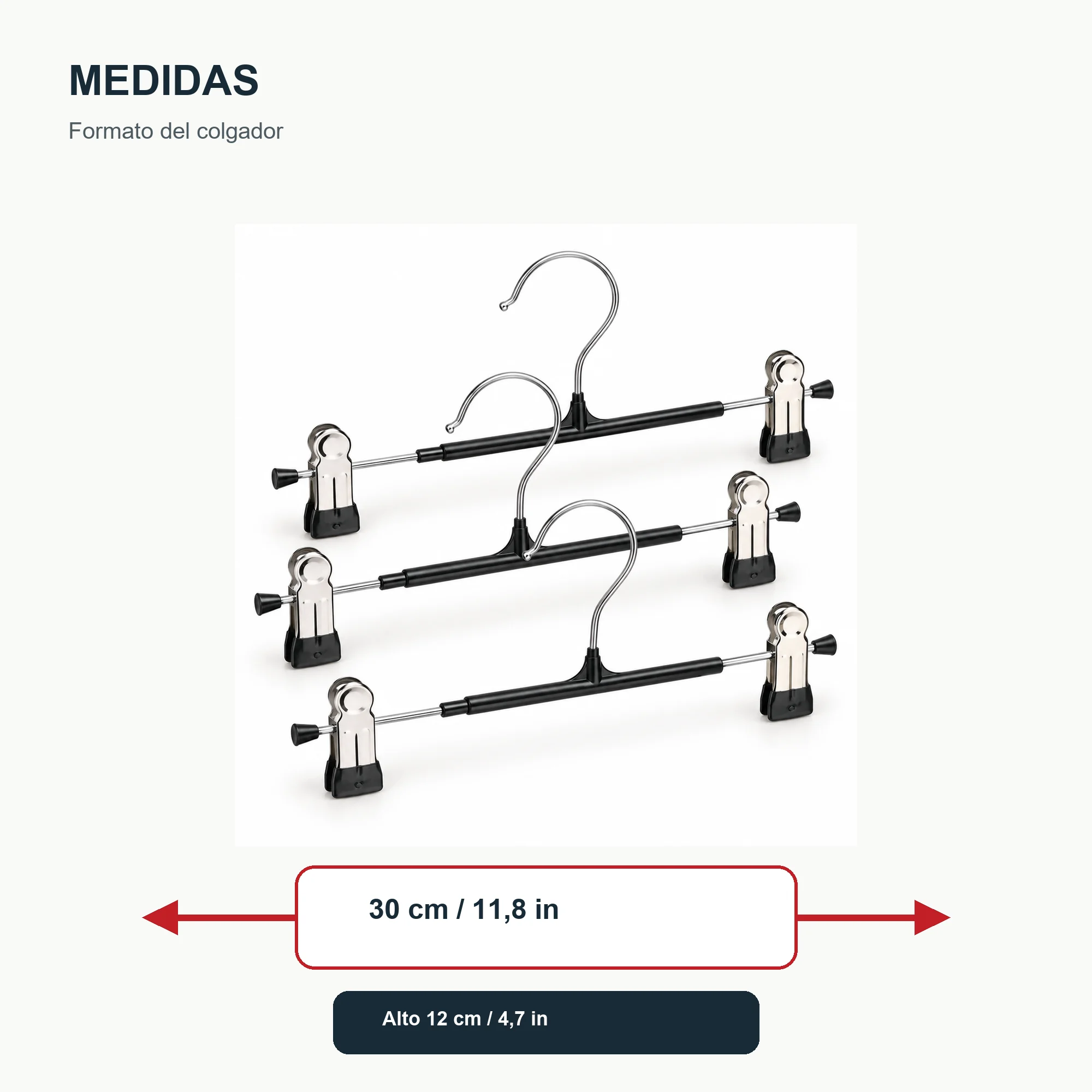 Set de 3 Colgadores con Pinzas Ajustables para Pantalón y Falda, 30 cm