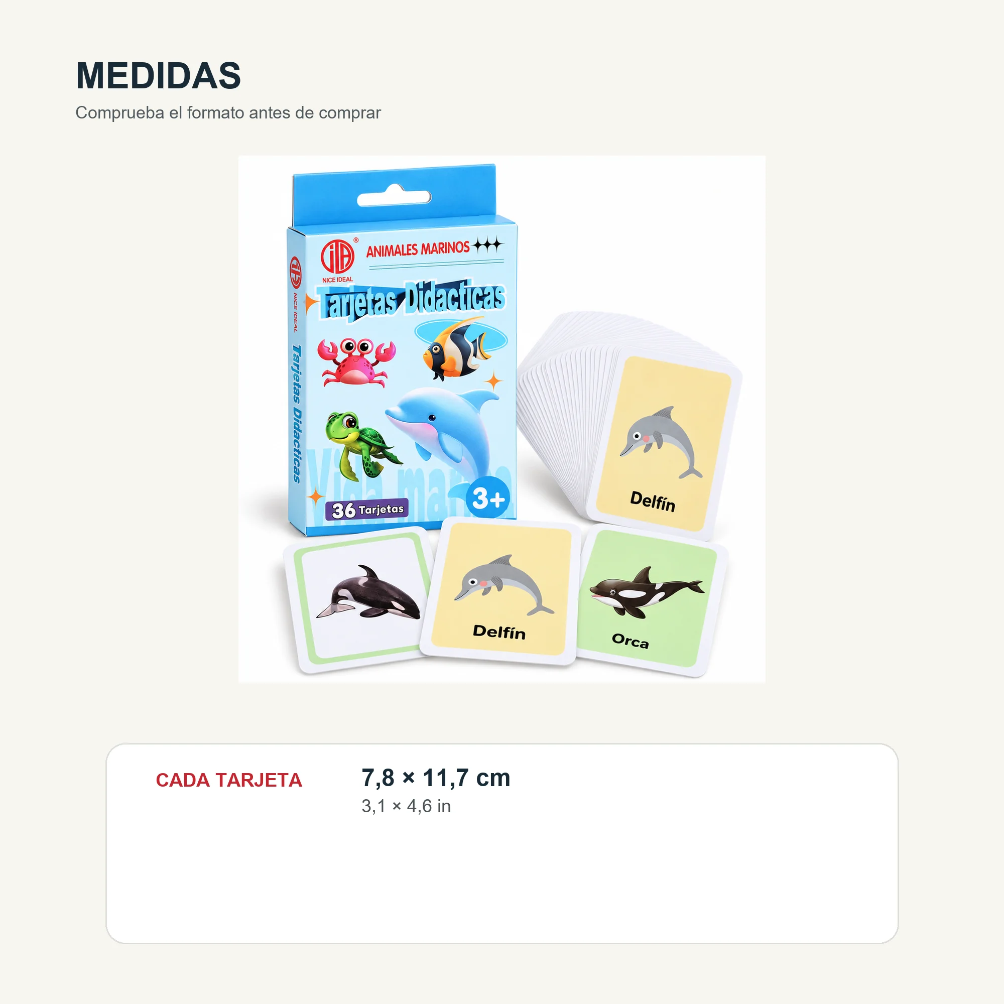 Tarjetas Didácticas de Animales Marinos, 36 Unidades, 7,8 × 11,7 cm