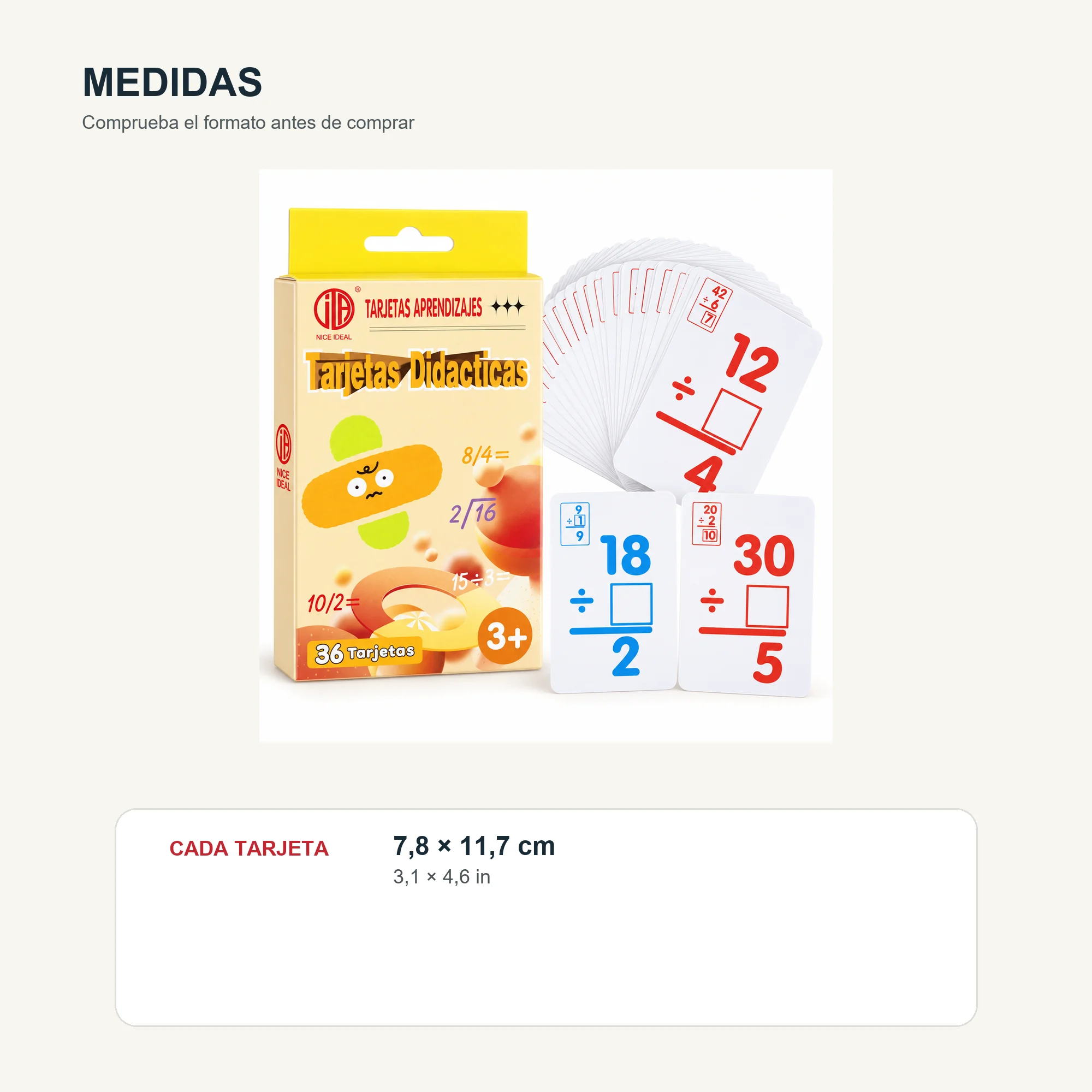 Tarjetas Didácticas de División, 36 Unidades, 7,8 × 11,7 cm