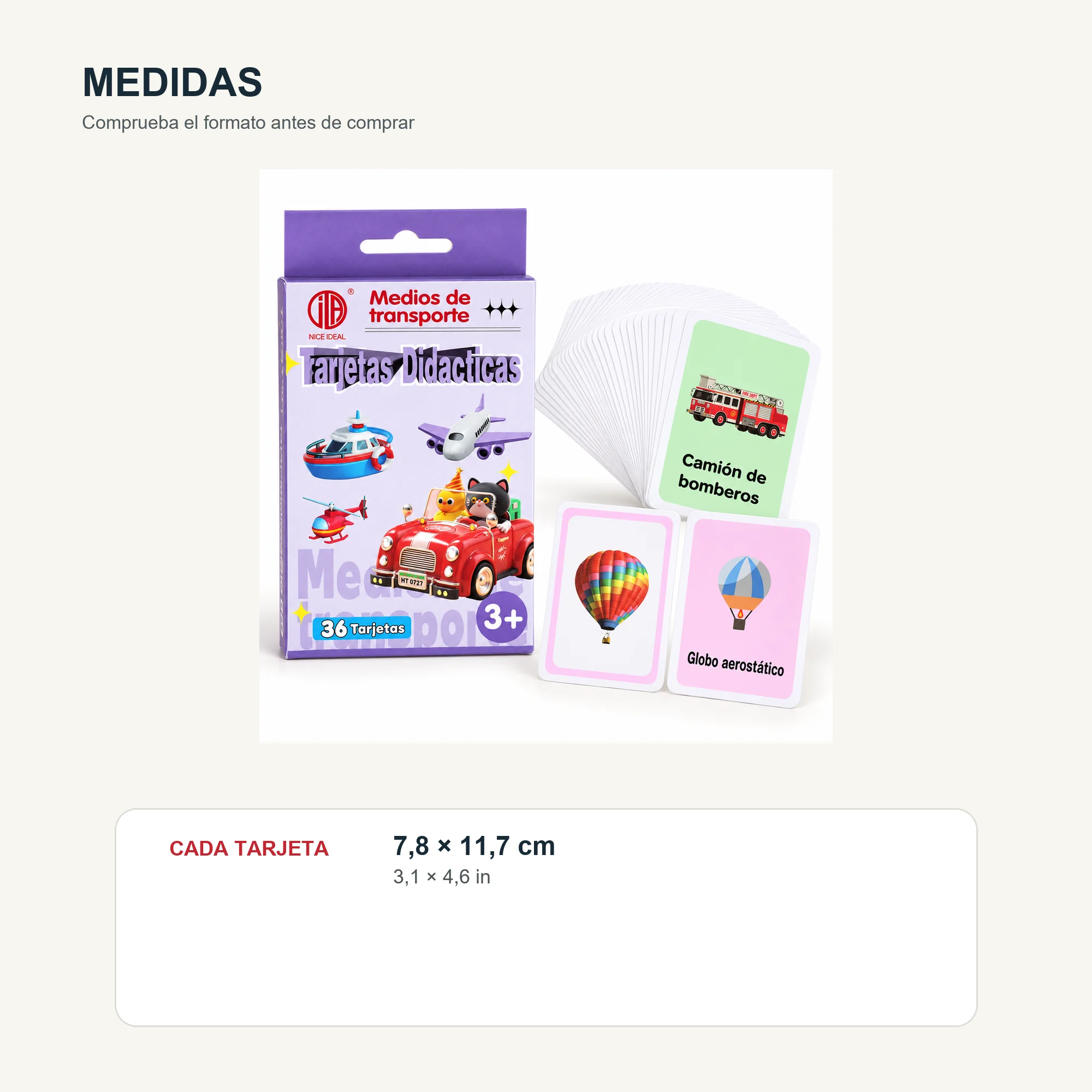 Tarjetas Didácticas de Medios de Transporte, 36 Unidades, 7,8 × 11,7 cm