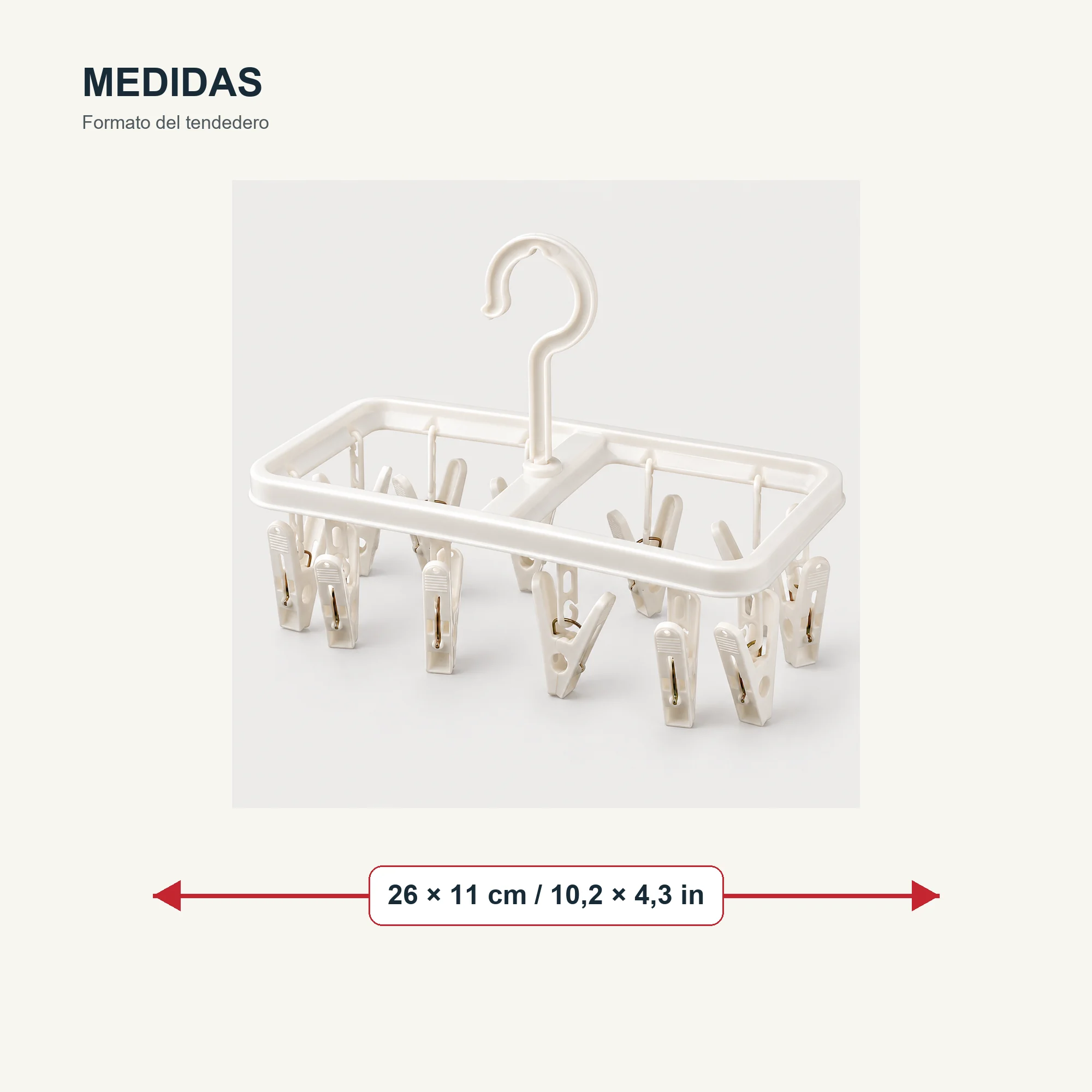 Tendedero Colgante Rectangular Compacto con 12 Pinzas, 26 × 11 cm
