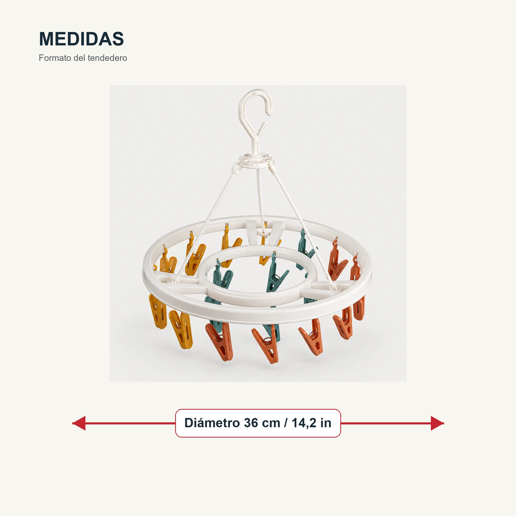 Tendedero Colgante Circular con 20 Pinzas, diámetro 36 cm