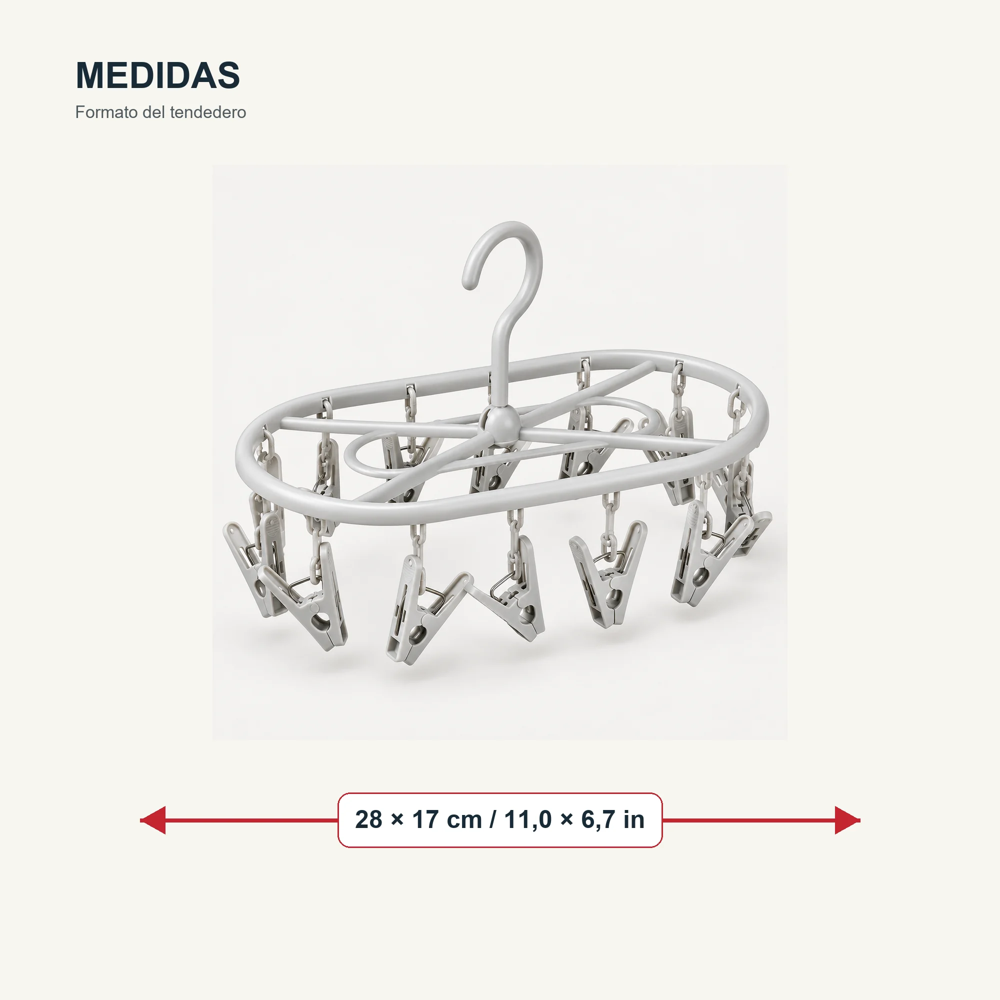 Tendedero Colgante Oval Rectangular Plegable con 14 Pinzas, 28 × 17 cm