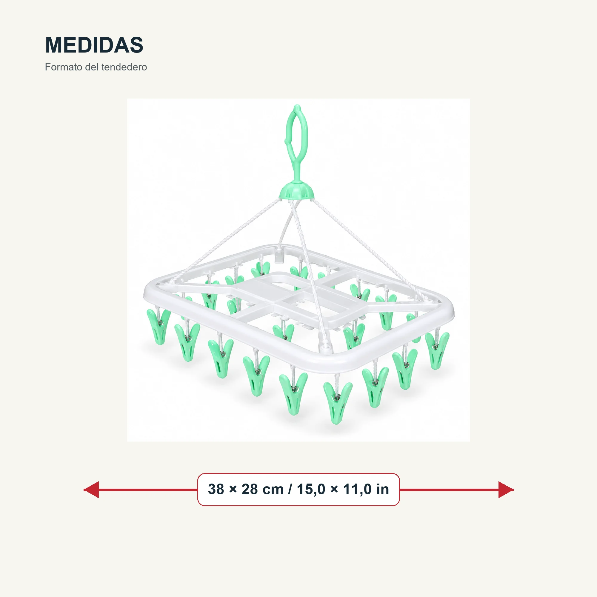 Tendedero Colgante Rectangular con 20 Pinzas, 38 × 28 cm