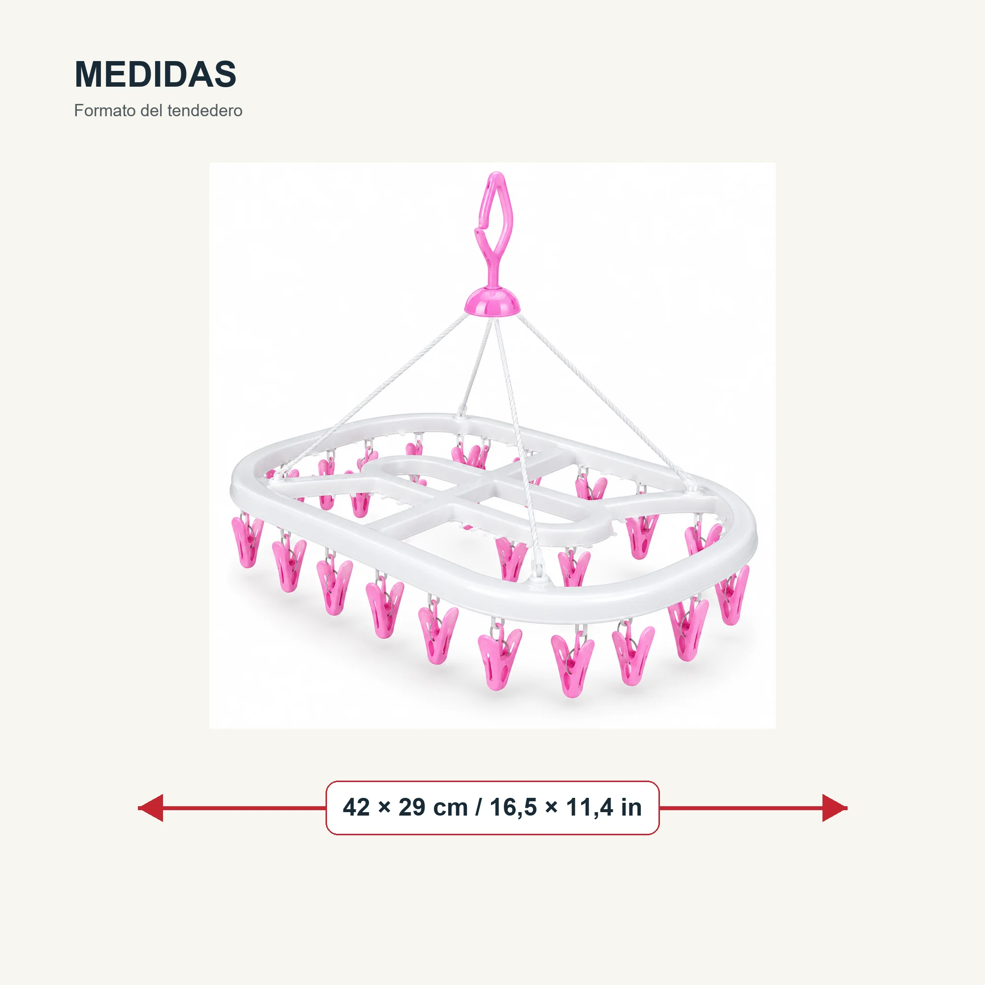 Tendedero Colgante Rectangular Alargado con 24 Pinzas, 42 × 29 cm