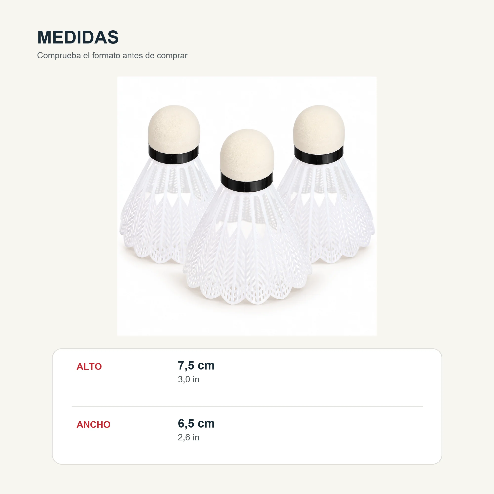 Volantes de Bádminton Plásticos Blancos, 7,5 cm, Pack de 3