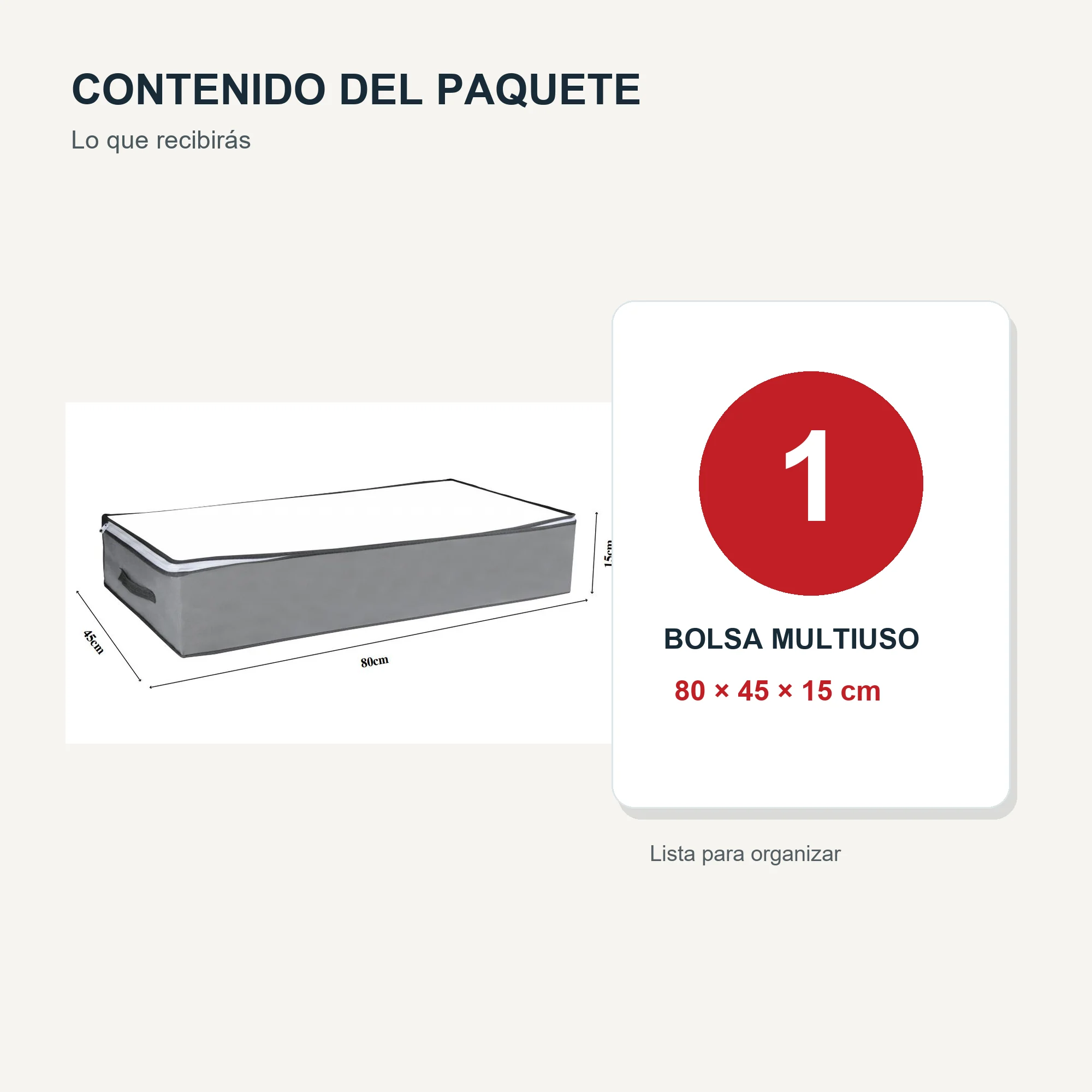 Bolsa Organizadora Gris Bajo Cama, 80 × 45 × 15 cm, 1 Unidad