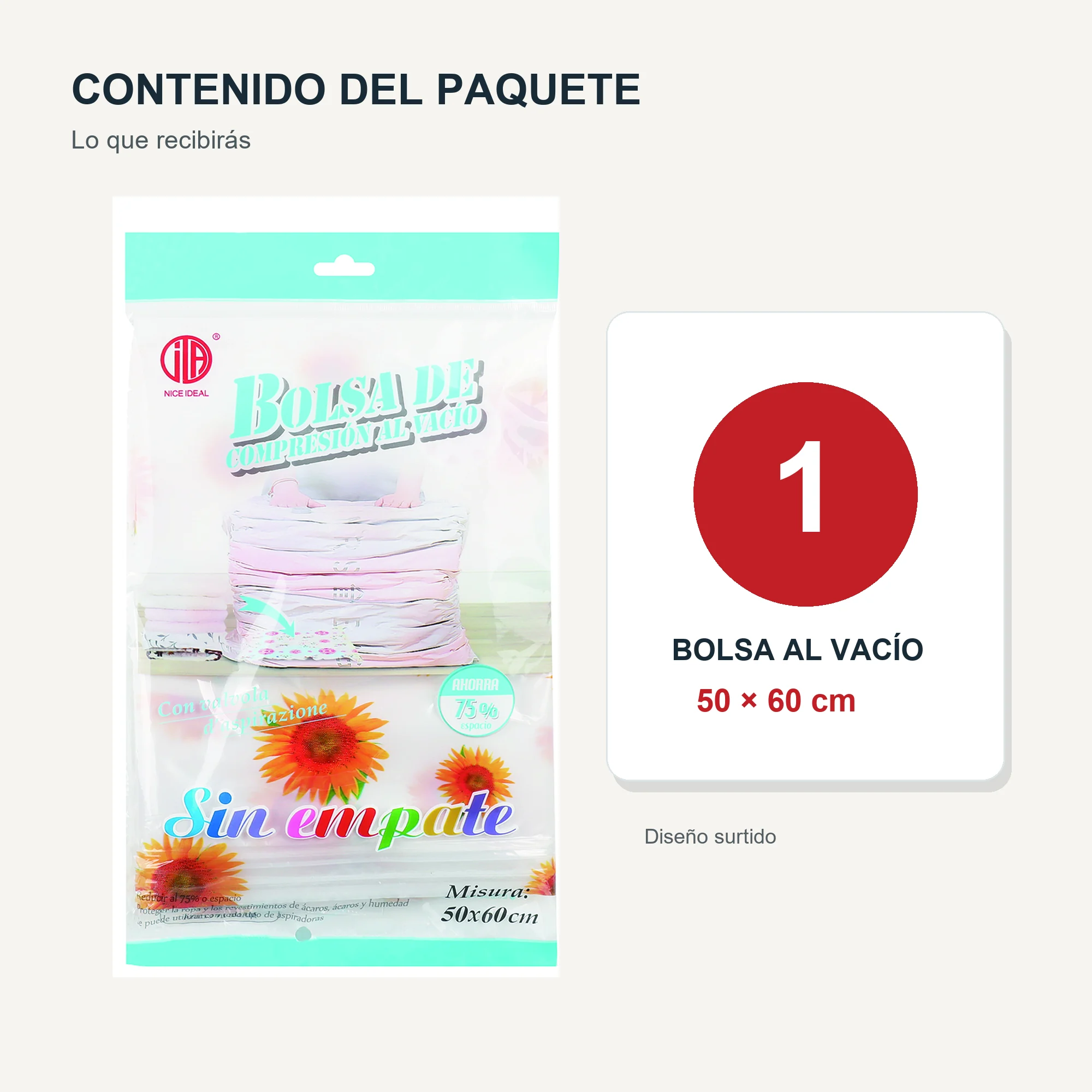 Bolsa de Compresión al Vacío Estampada para Ropa, 50 × 60 cm, 1 Unidad