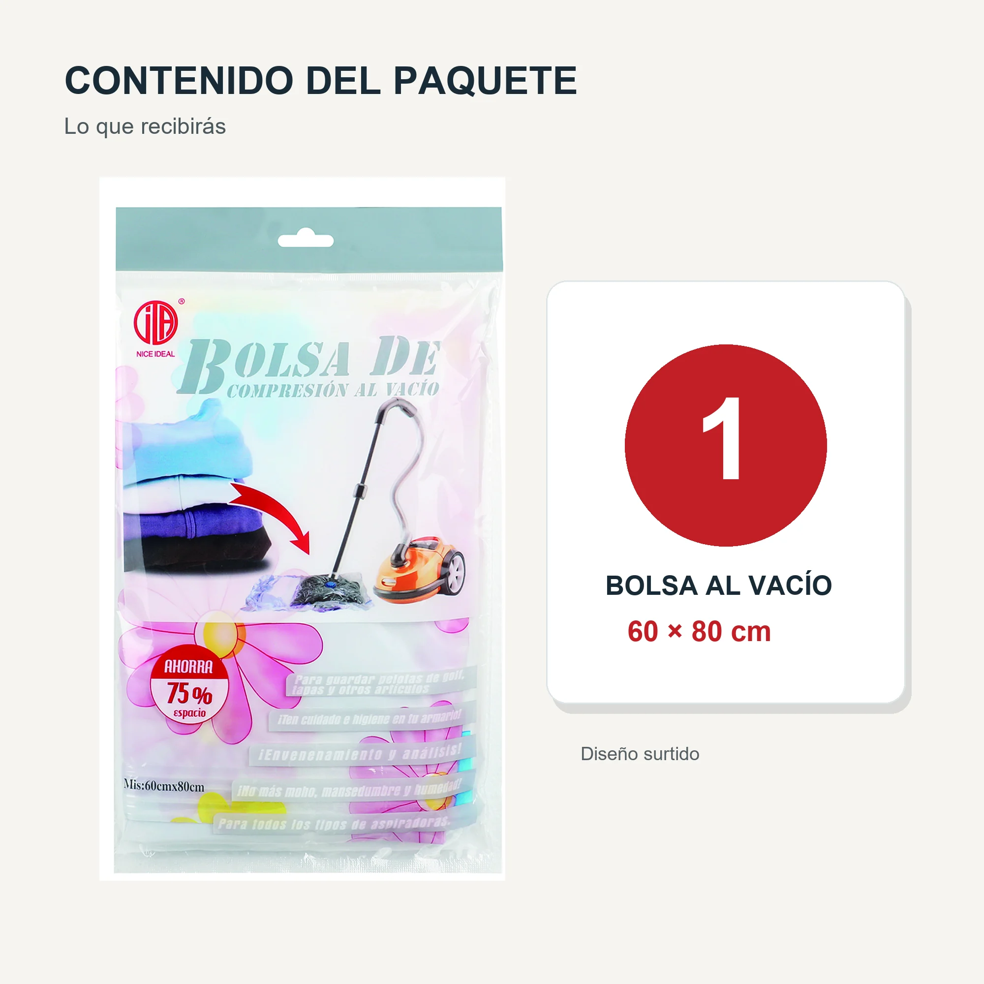 Bolsa de Compresión al Vacío Estampada para Ropa, 60 × 80 cm, 1 Unidad