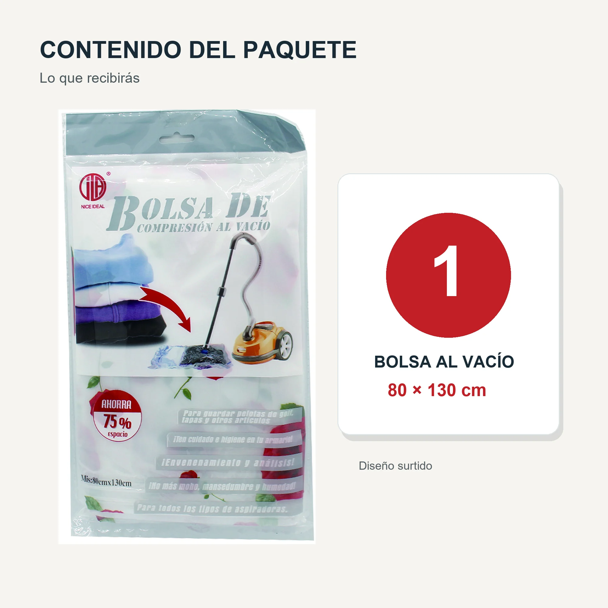 Bolsa de Compresión al Vacío Jumbo Estampada, 80 × 130 cm, 1 Unidad
